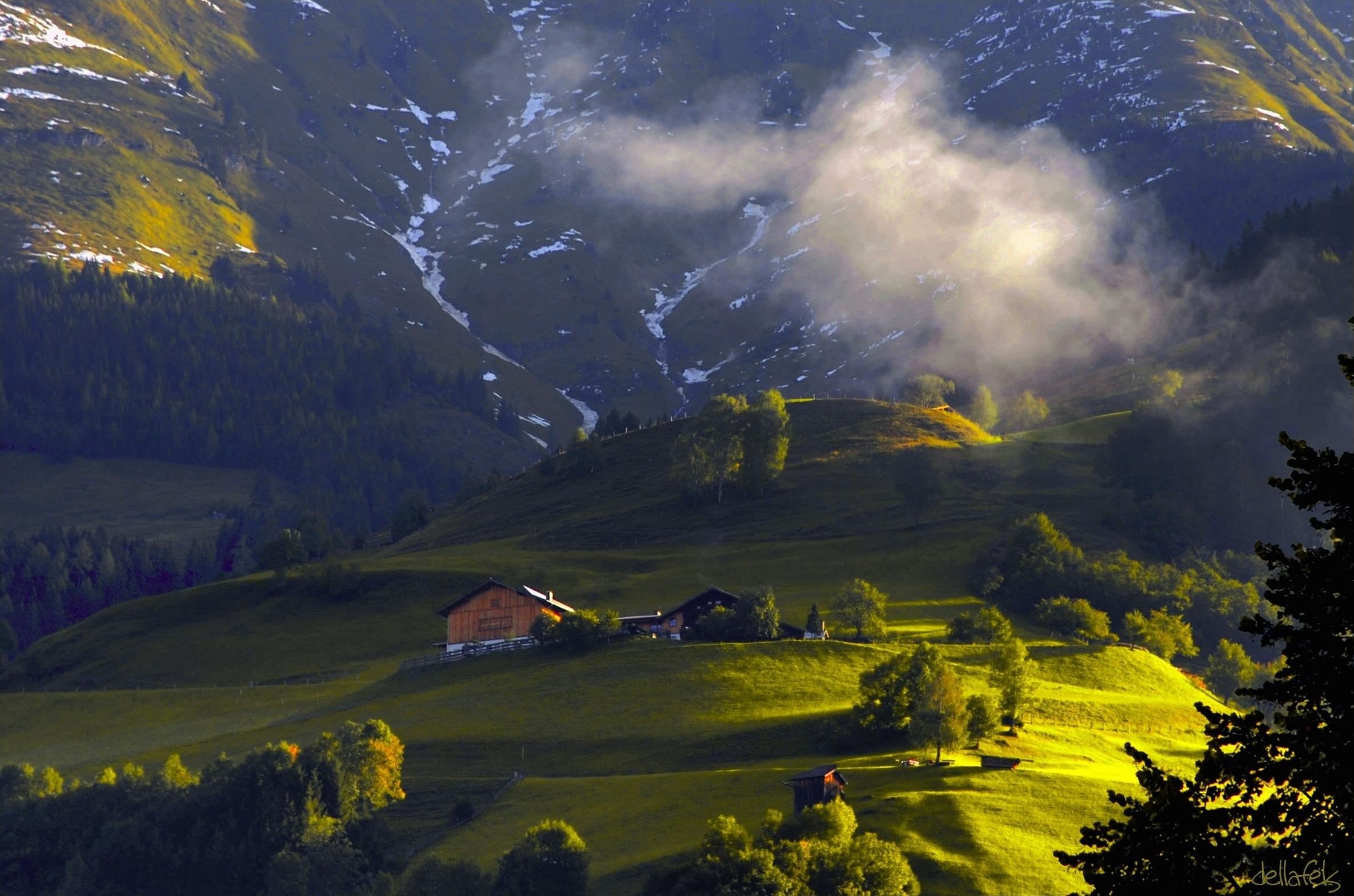 farmhouse, tranquility, cottage, tranquil scene, no people, environment, plant, tree, house, scenics - nature, cabin, mountains, agricultural building, HD Wallpaper