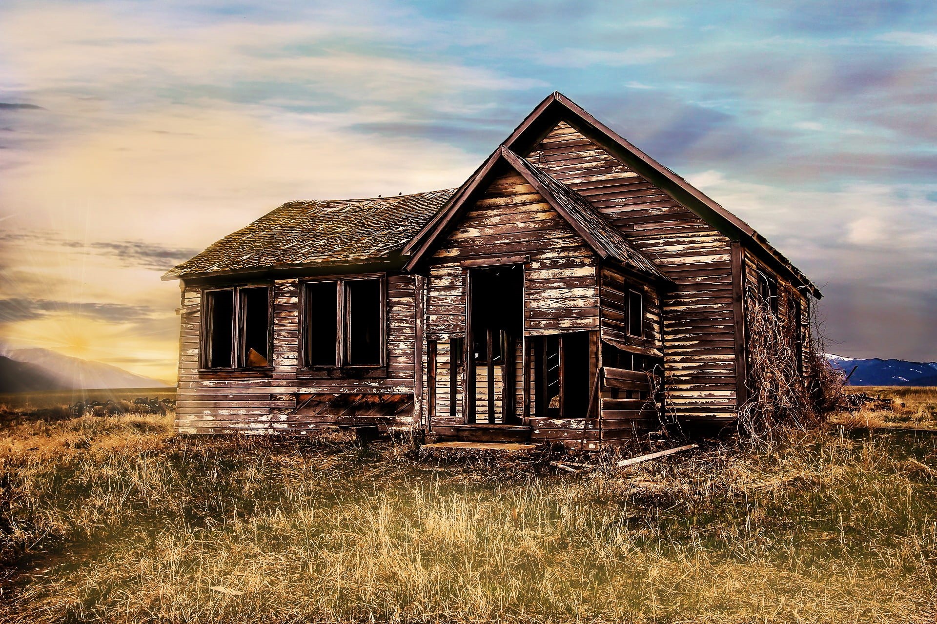 building, wood, painting, 1080P, sky, grass, decay, rural scene, land, leave, old building, nature, wooden construction, day, run down, lonely house, farmhouse, HD Wallpaper