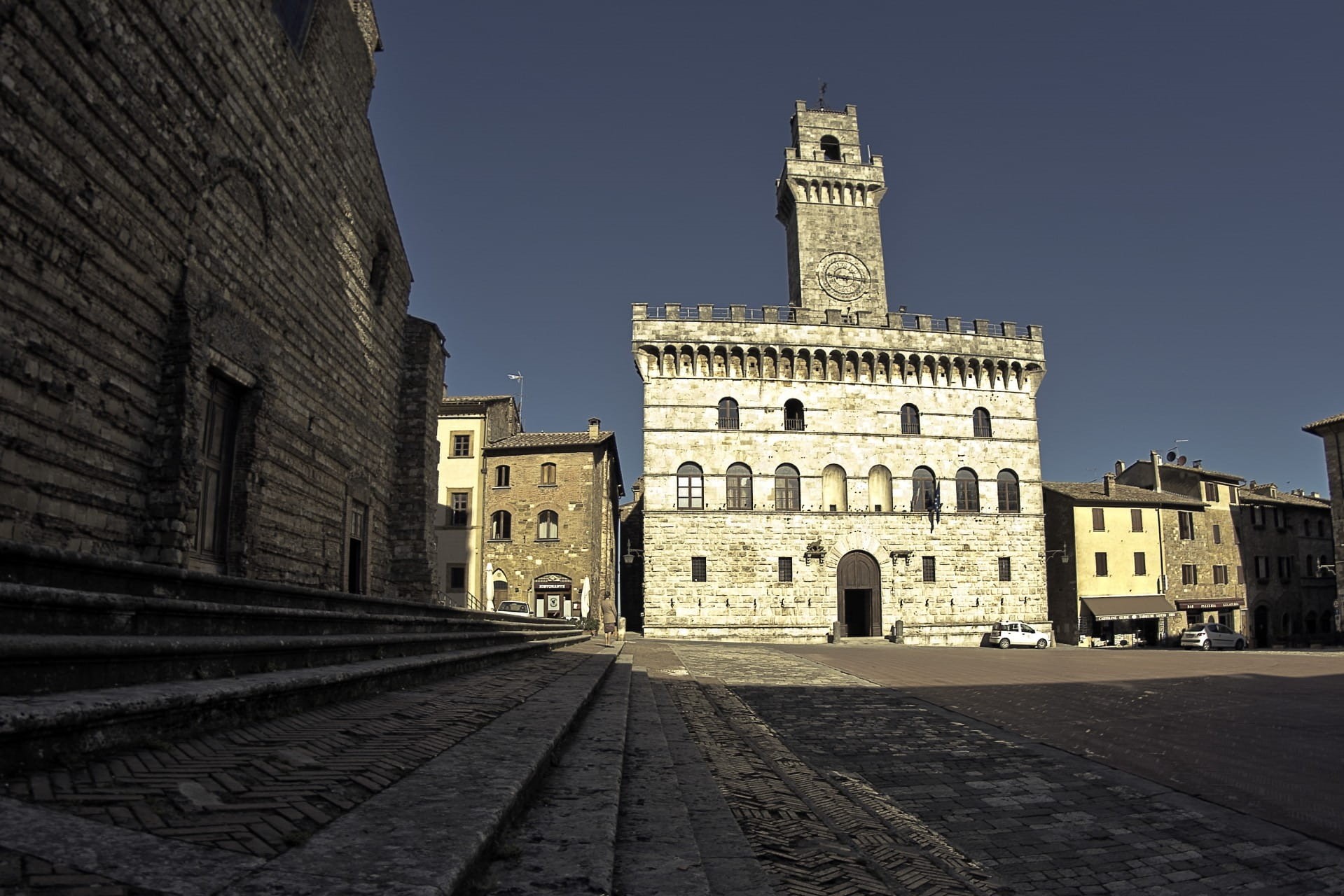 720P, large square, old, angle, architecture, history, sunlight, city, cathedral, low, clear sky, noble wine, Montepulciano, built structure, outdoors, HD Wallpaper