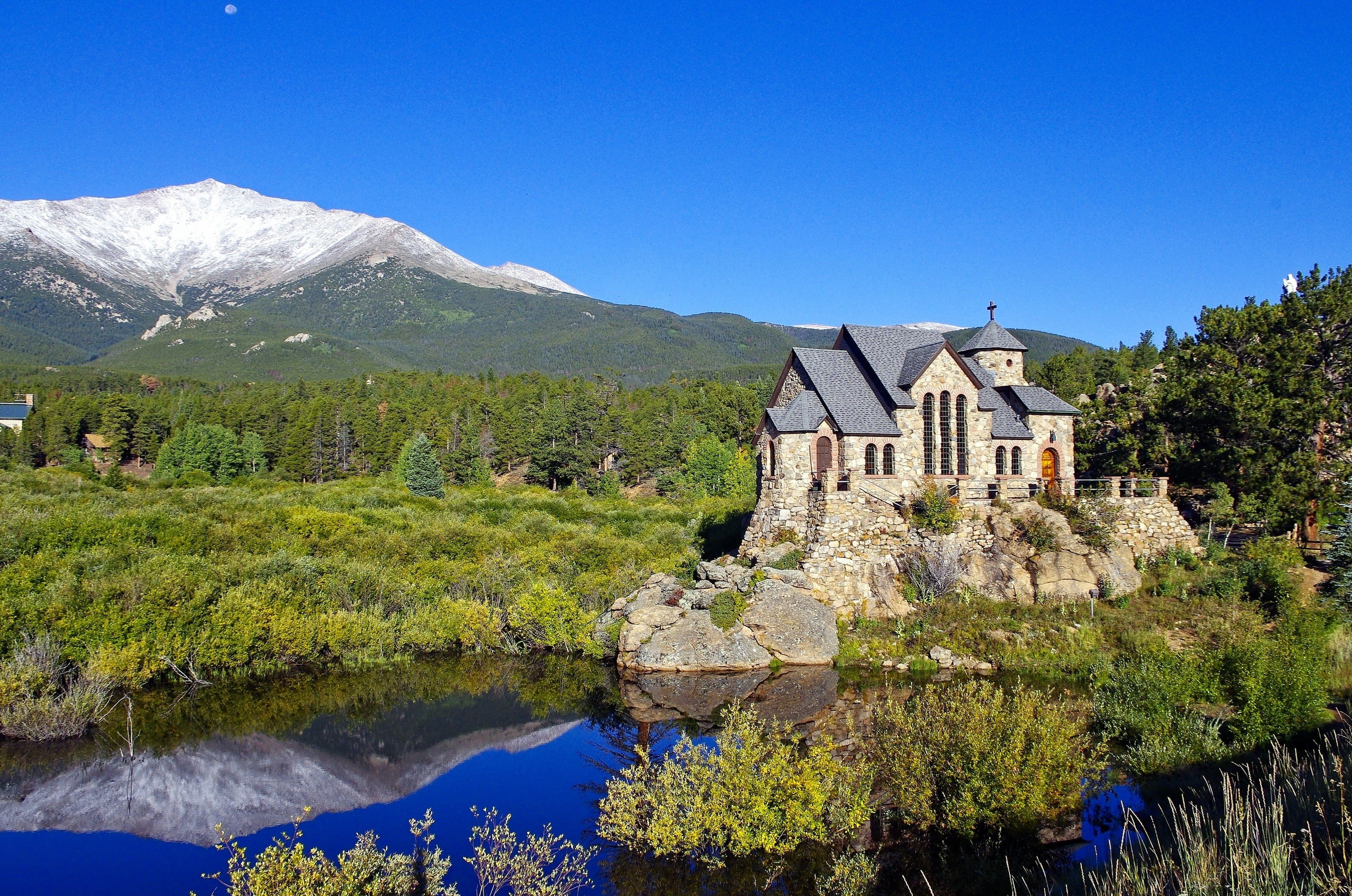 clear sky, stone, rocky, saint catherine of siena chapel, plant, dramatic, reflection, built structure, mountain chapel on a rock, beauty in nature, scenics - nature, HD Wallpaper