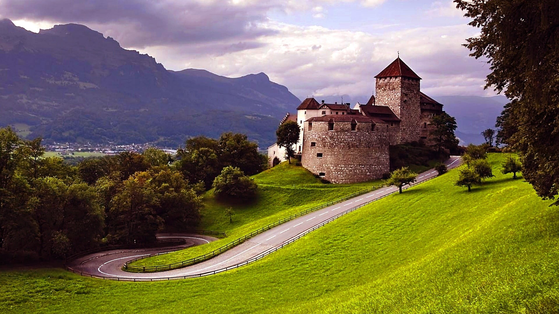 building, landscape, tourism, travel destinations, architecture, the past, plant, grass, cloud - sky, outdoors, no people, vaduz, tree, mountain, green grass, HD Wallpaper