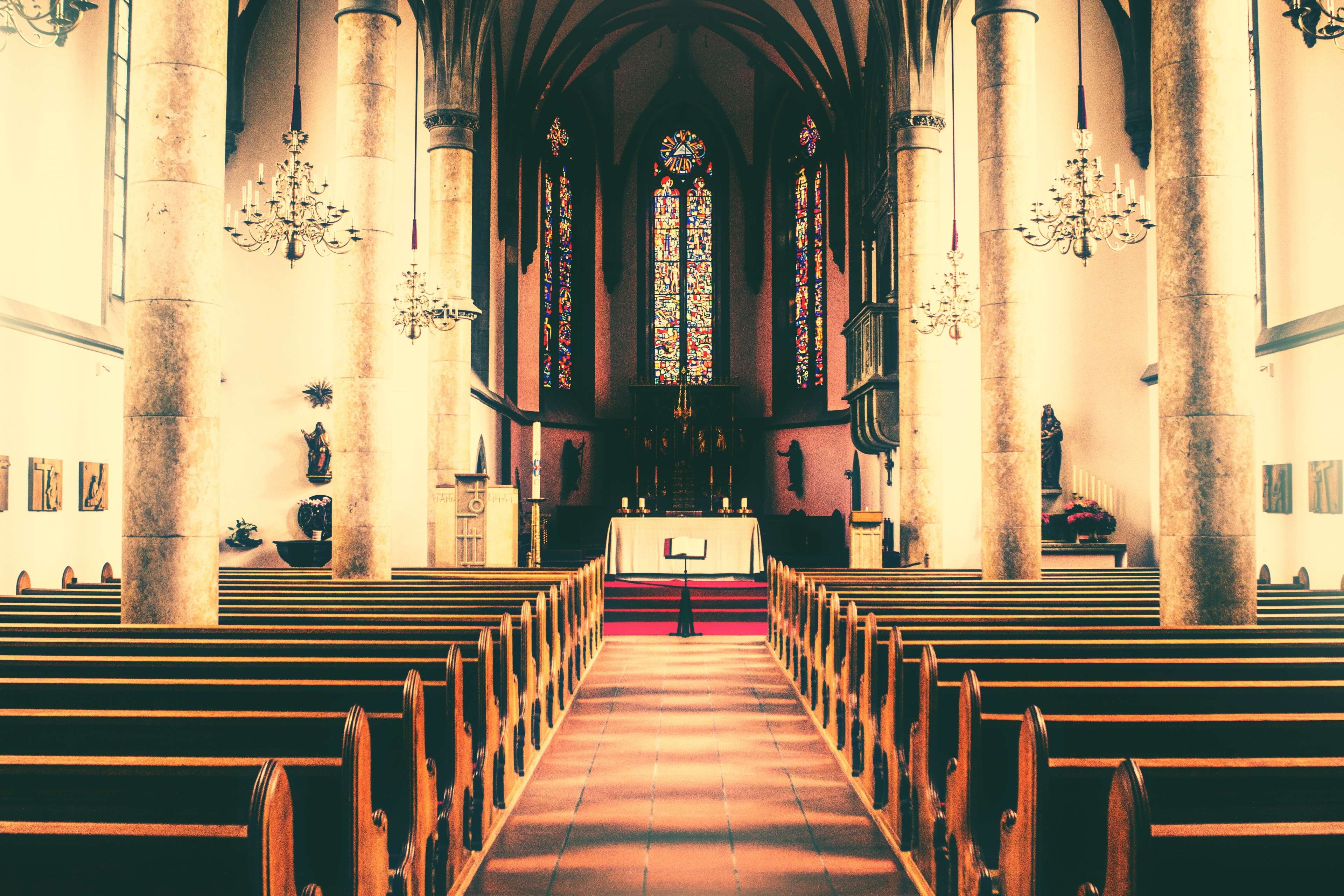 pew, religion, building, colonnade, 4K, liechtenstein, place of worship, aisle, spirituality, indoors, the way forward, vaduz, interior, architectural column, HD Wallpaper