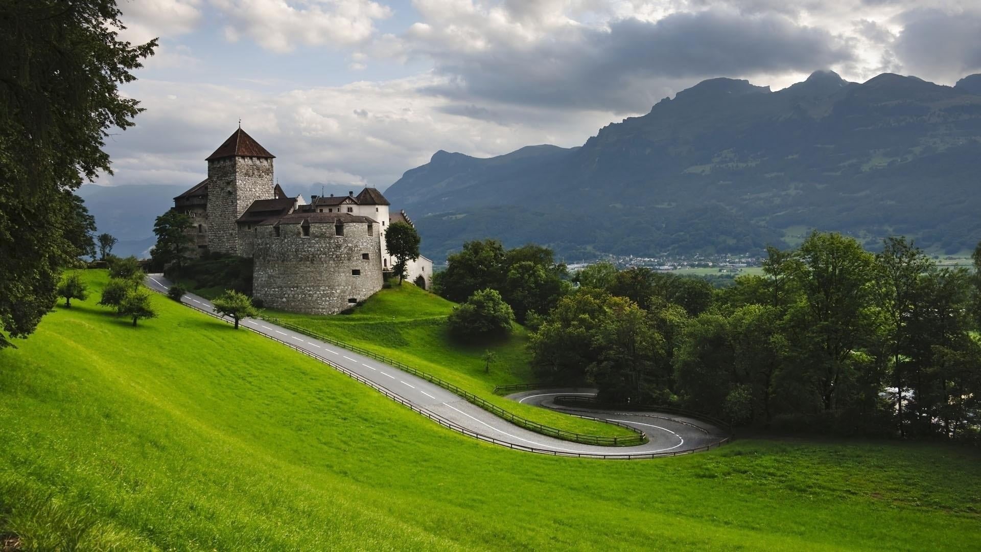 europe, mountains, outdoors, mountain, travel, castle, scenics - nature, wonderful, liechtenstein, grass, plant, tree, cloudy, history, park, building, HD Wallpaper