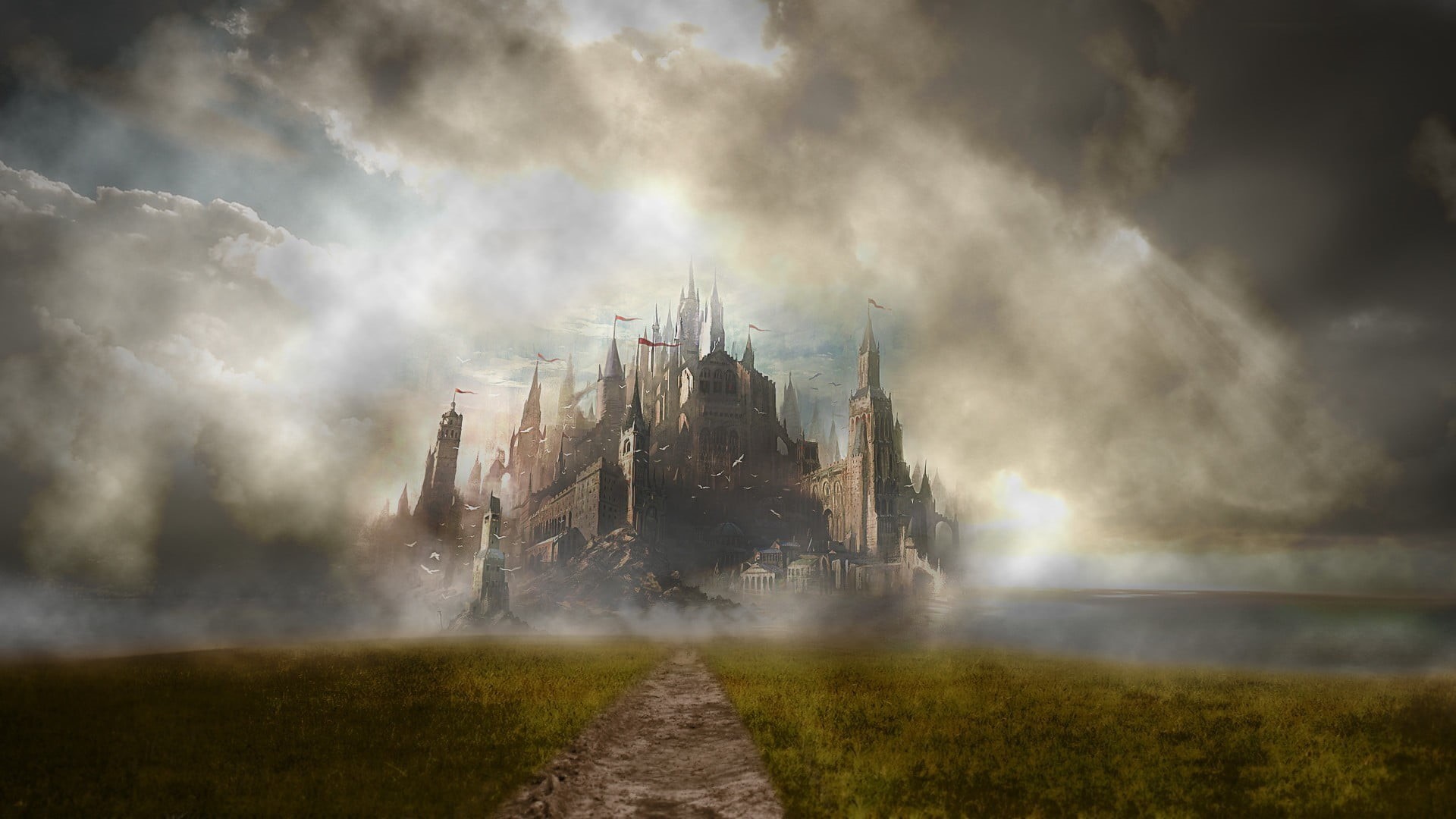 outdoors, ruined, fantasy art, castle, storm, history, nature, the past, neuschwanstein, land, sky, ominous, cloud - sky, 1080P, building exterior, old ruin, HD Wallpaper