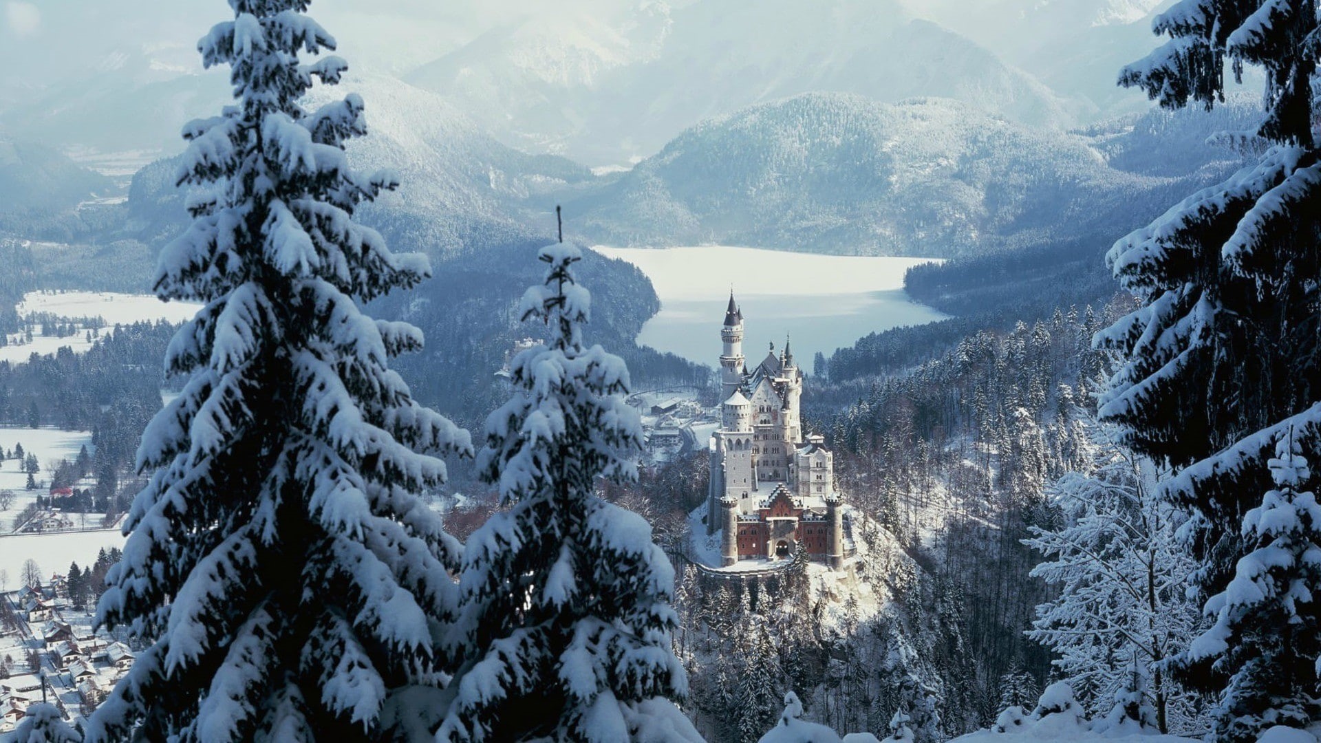 scenics - nature, snow, mountain range, Neuschwanstein Castle, building exterior, plant, mountain, place of worship, cold temperature, no people, outdoors, HD Wallpaper