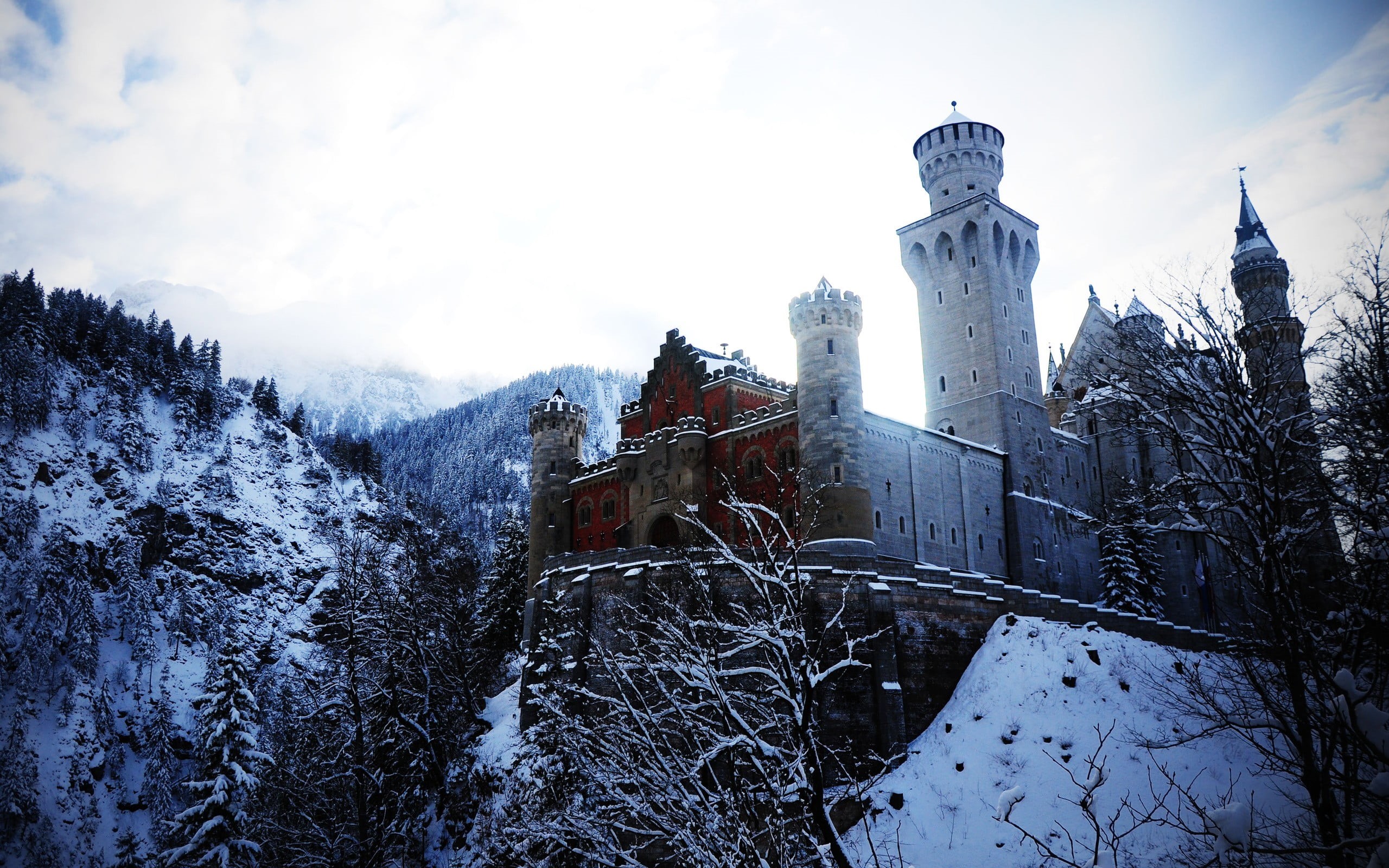 no people, 2K, castle, hills, winter, building exterior, outdoors, architecture, establishment, brown, mountains, Neuschwanstein Castle, sky, cold temperature, HD Wallpaper