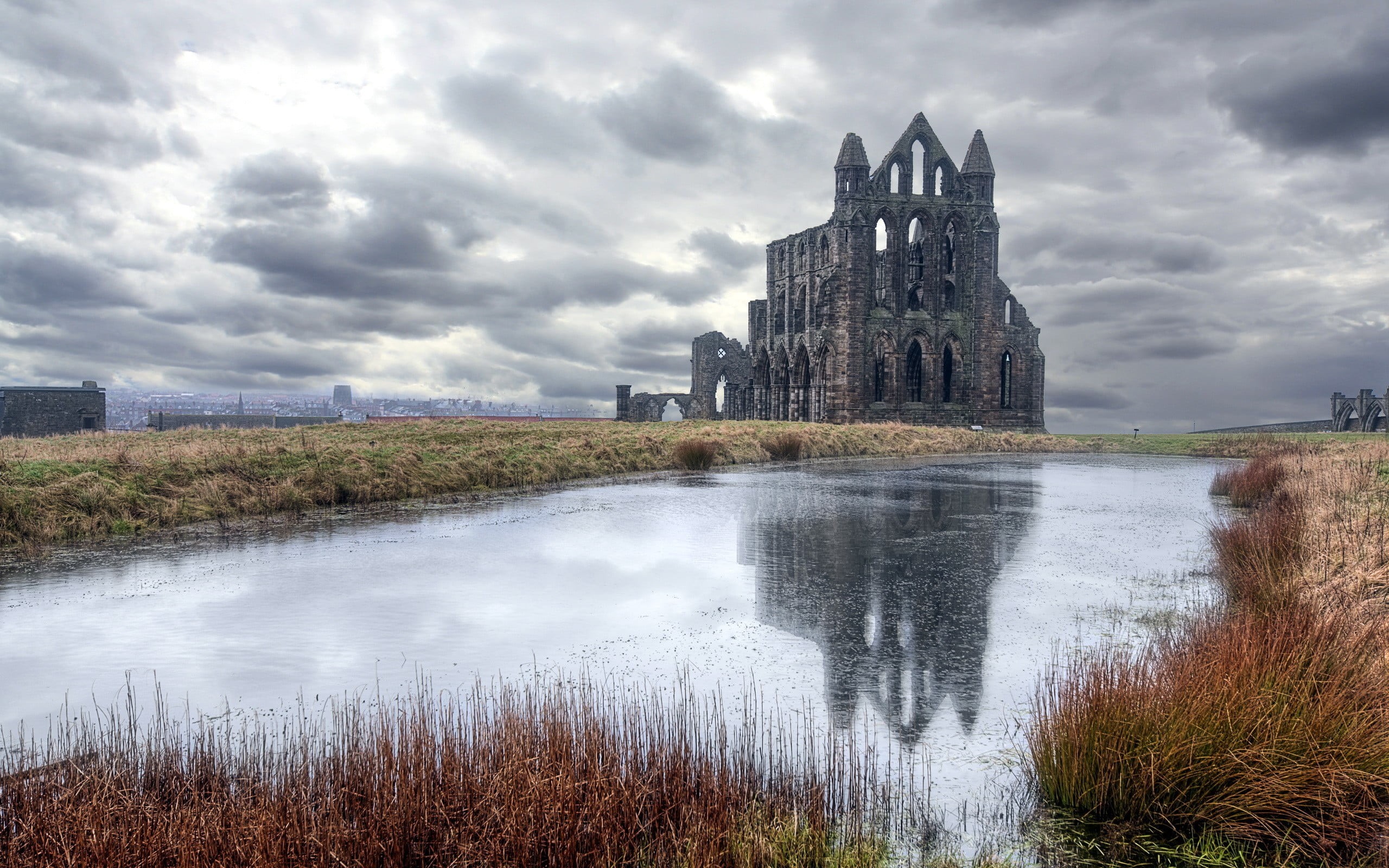 abbey, reflection, clouds, castle, water, no people, Whitby Abbey, grey, day, nature, built structure, lake, sky, architecture, spirituality, the past, HD Wallpaper