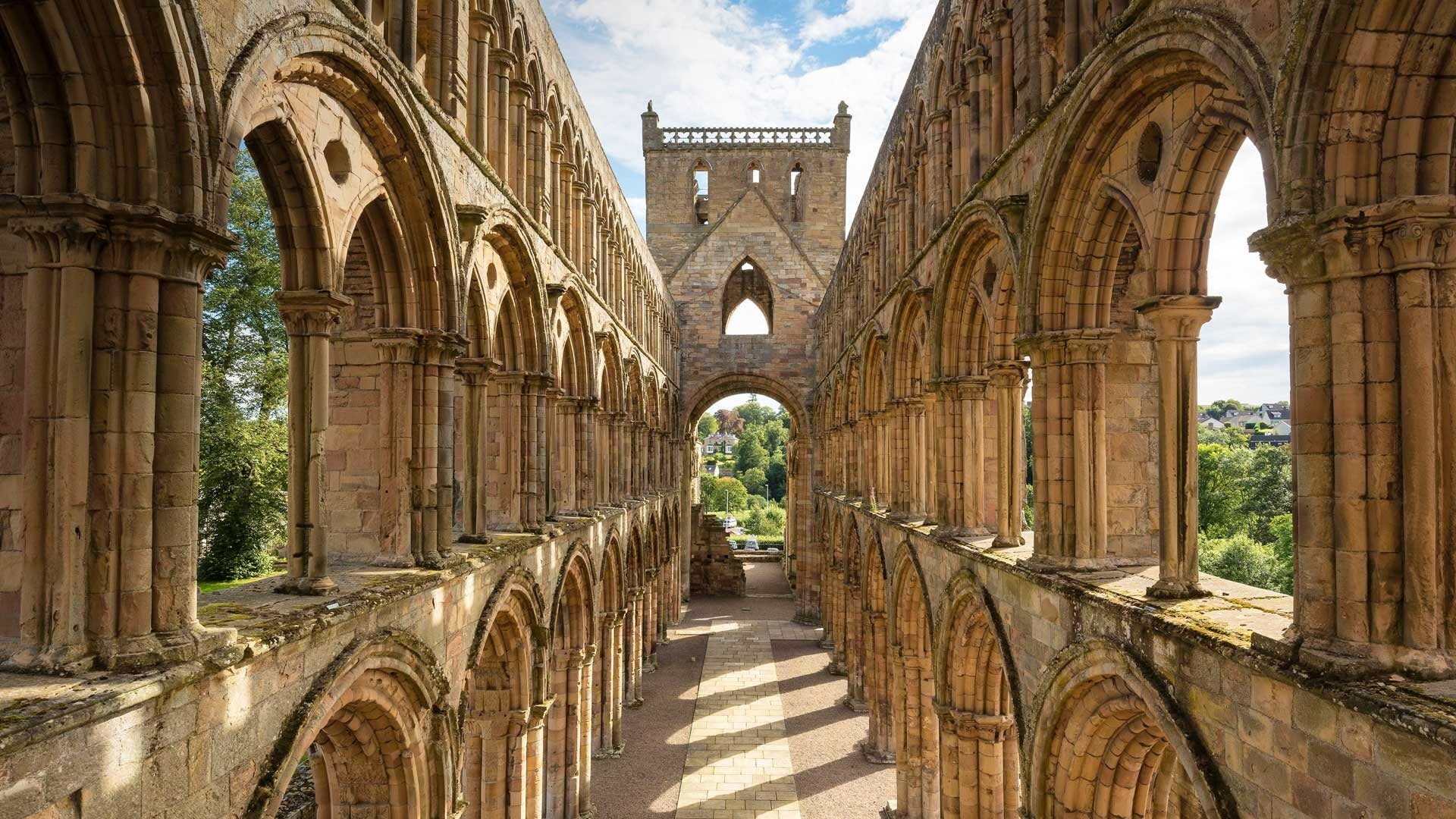 colonnade, the past, old, Bing, tree, arch, outdoors, Jedburgh Abbey, history, nature, built structure, Scotland, building exterior, ruin, sky, travel destinations, HD Wallpaper