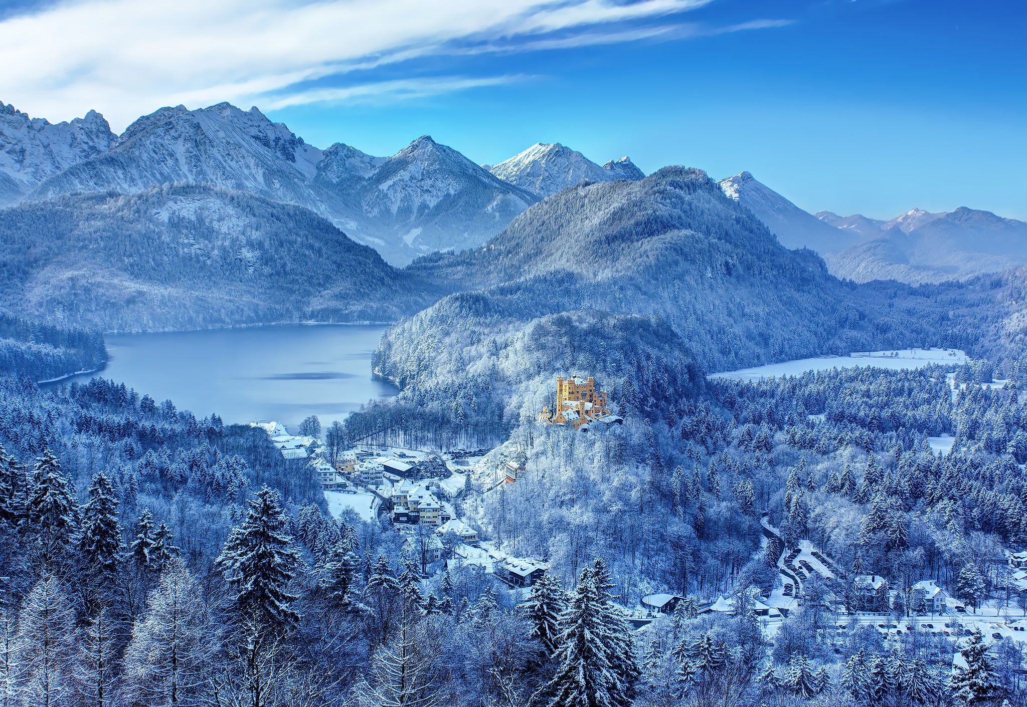 Hohenswangau, mountain, snow, mountains, forest, lake, 1080P, Germany, Hohenschwangau, castle, winter, southern Bavaria, HD Wallpaper