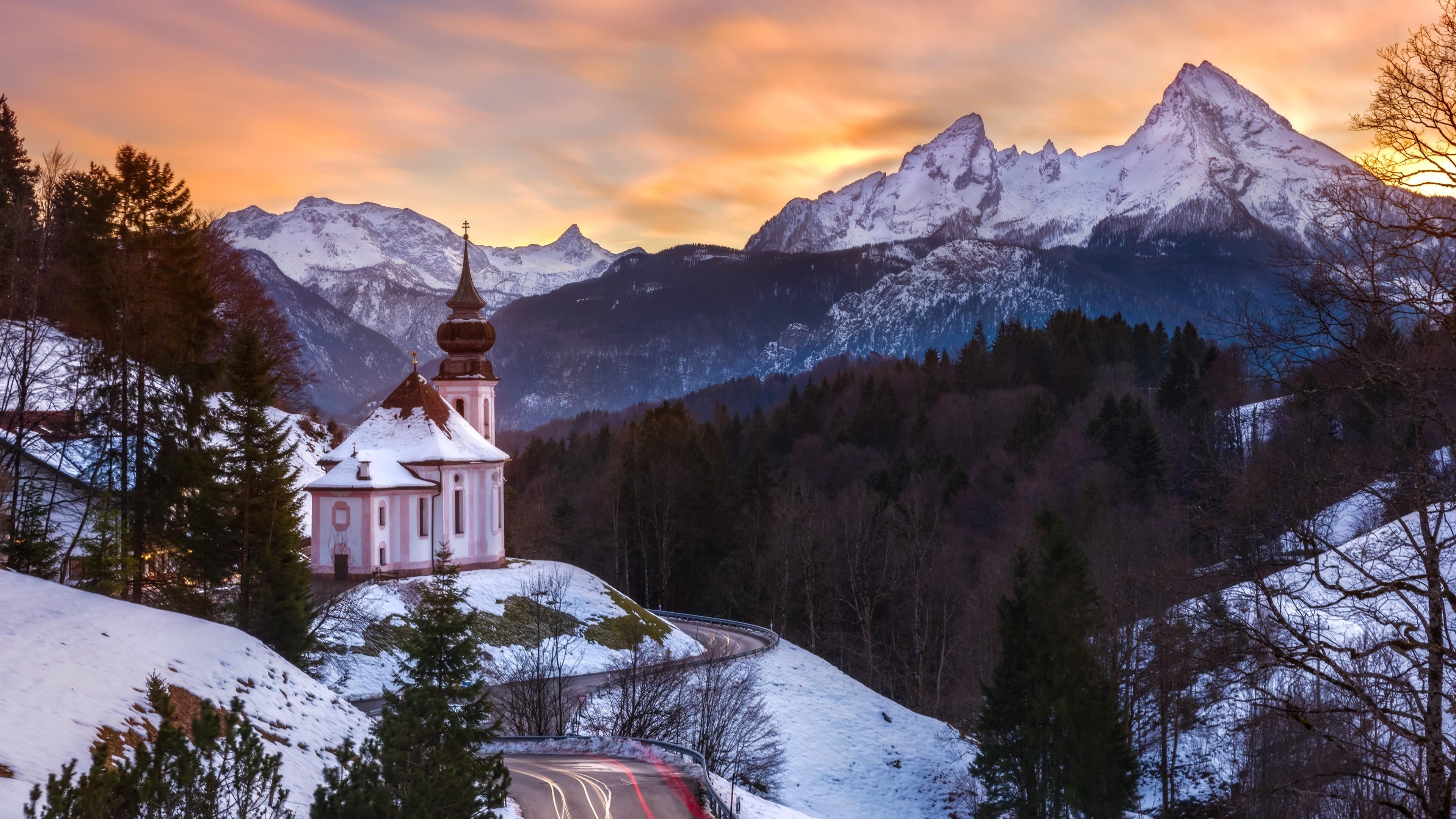 formation, sky, cloud - sky, mountain village, 4K, bavaria, alps, snow, winter, built structure, beauty in nature, small church, tree, architecture, place of worship, HD Wallpaper
