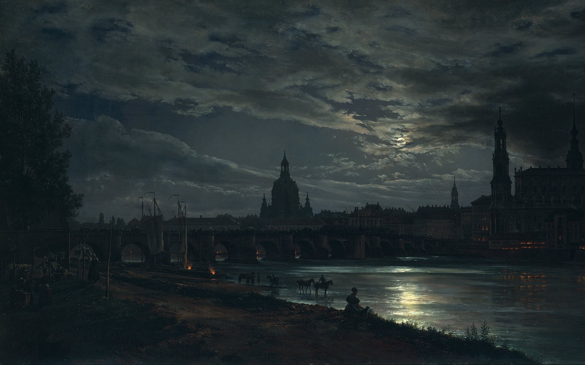 architecture, spirituality, nature, Moon, building, water, concrete, travel destinations, city, belief, outdoors, View of Dresden by Moonlight, painting, HD Wallpaper