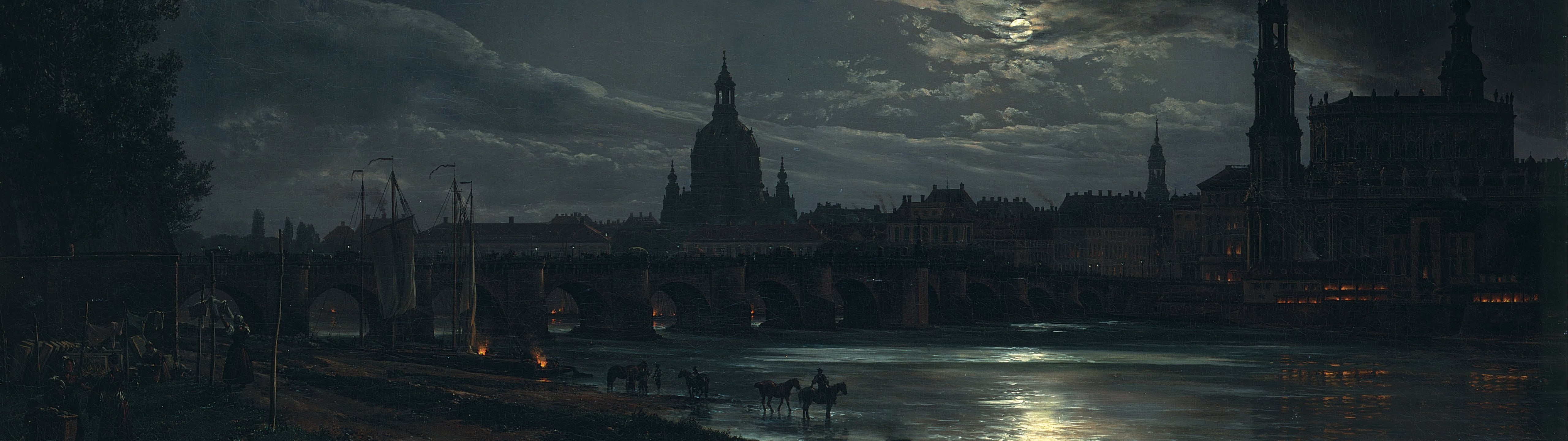 5K, ultrawide, painting, moonlight, Dresden, landscape, Johan Christian Dahl, HD Wallpaper