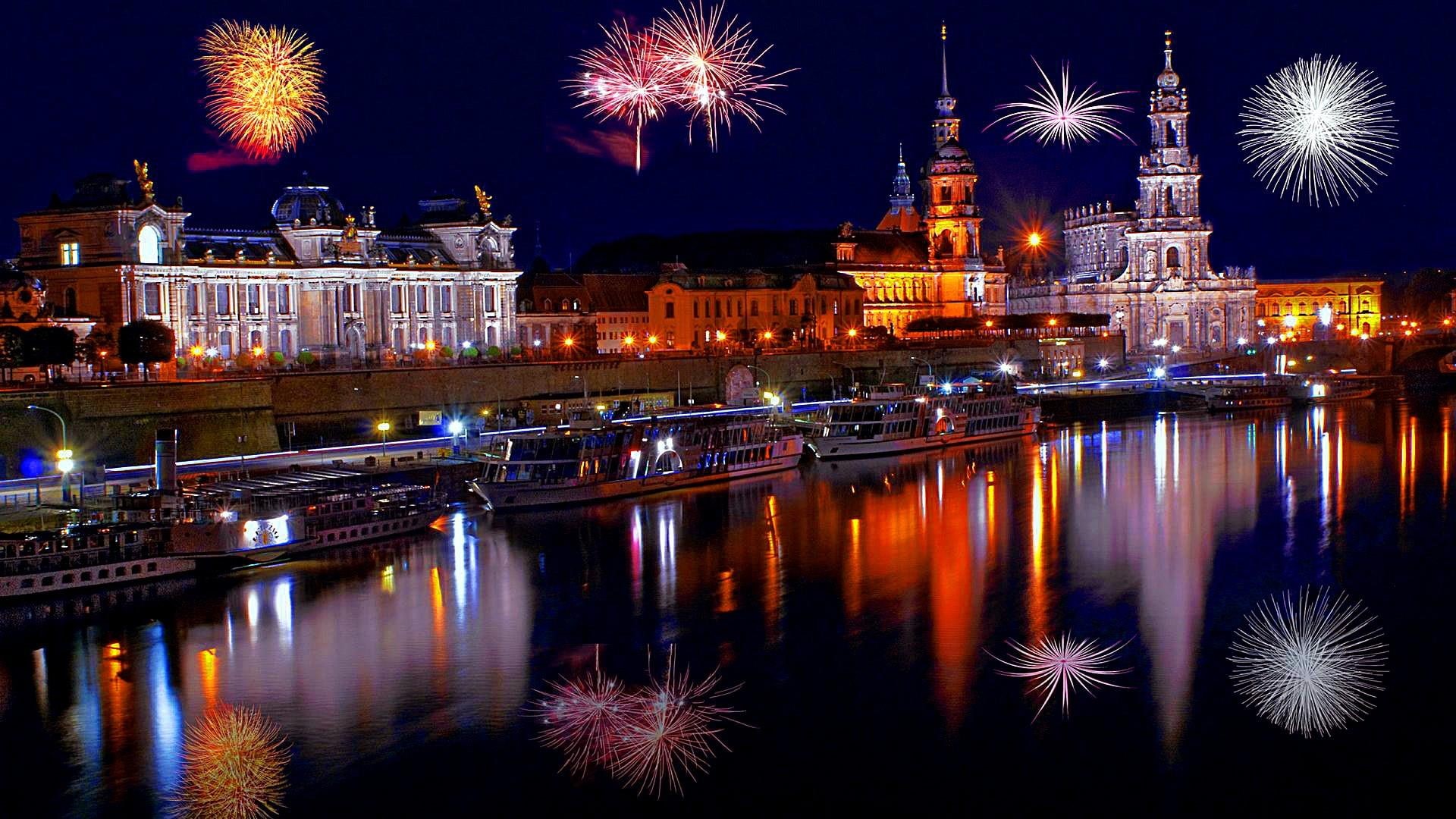 dresden, fireworks, sky, event, 1080P, germany, night sky, night, reflection, river, city, europe, cityscape, landmark, tourist attraction, HD Wallpaper