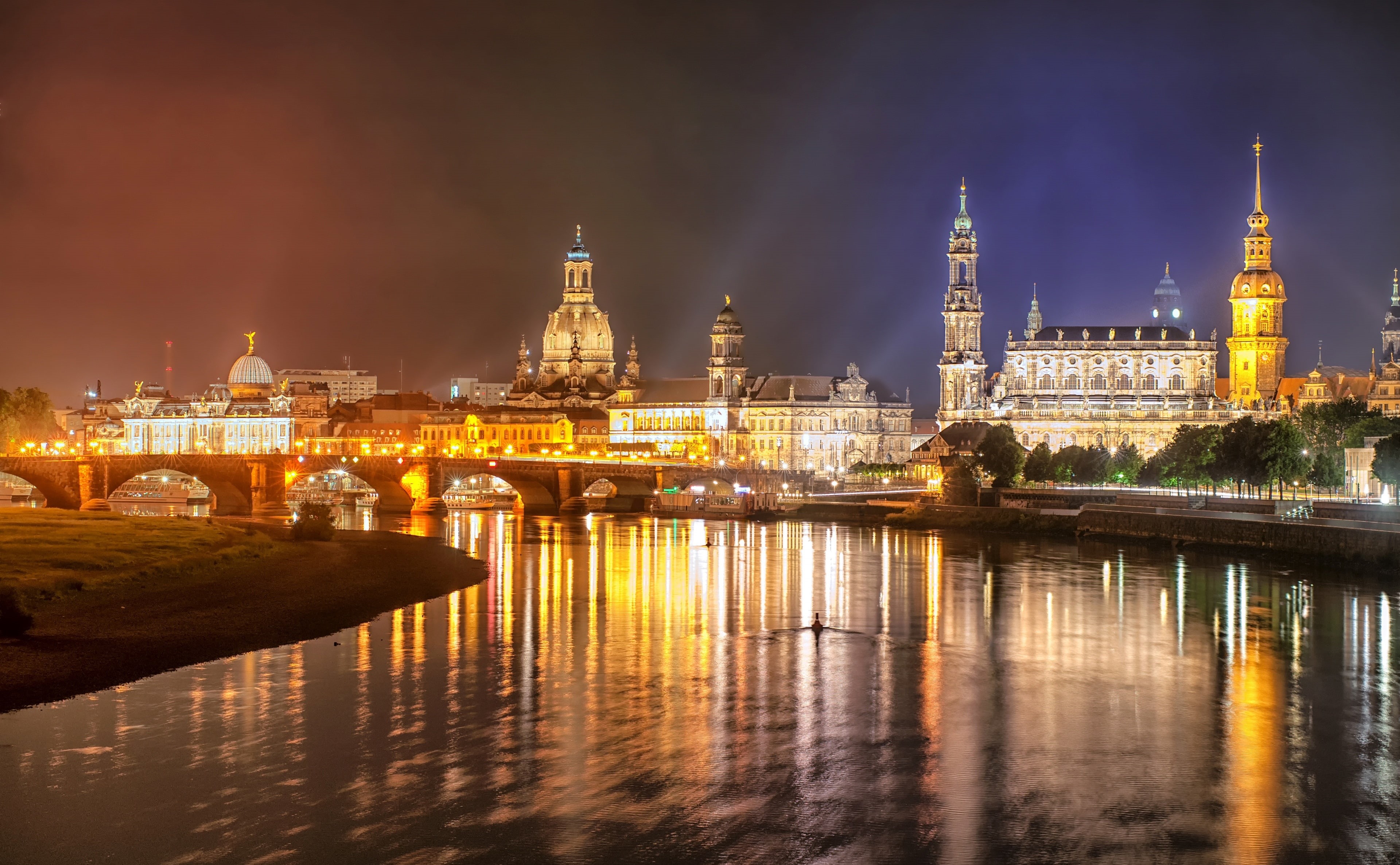 Historic, illuminated, outdoors, Elbe, place of worship, Travel, Night, Dresden, River, building, built structure, City, Europe, government, no people, HD Wallpaper