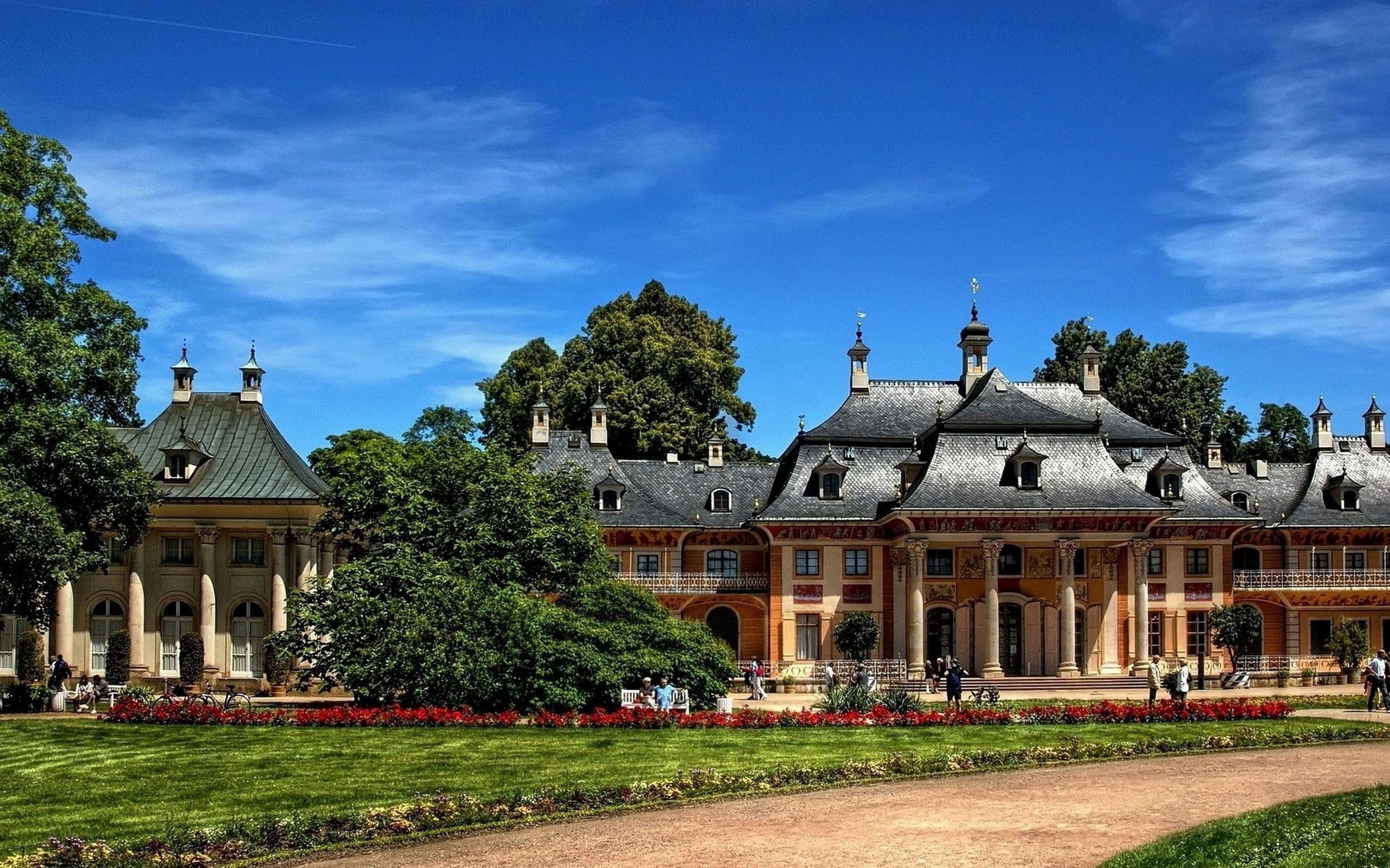 government, house, park - Man Made Space, travel Destinations, sky, cloud - sky, green color, palace, facade, city, trees, nature, formal Garden, pillnitz castle, HD Wallpaper