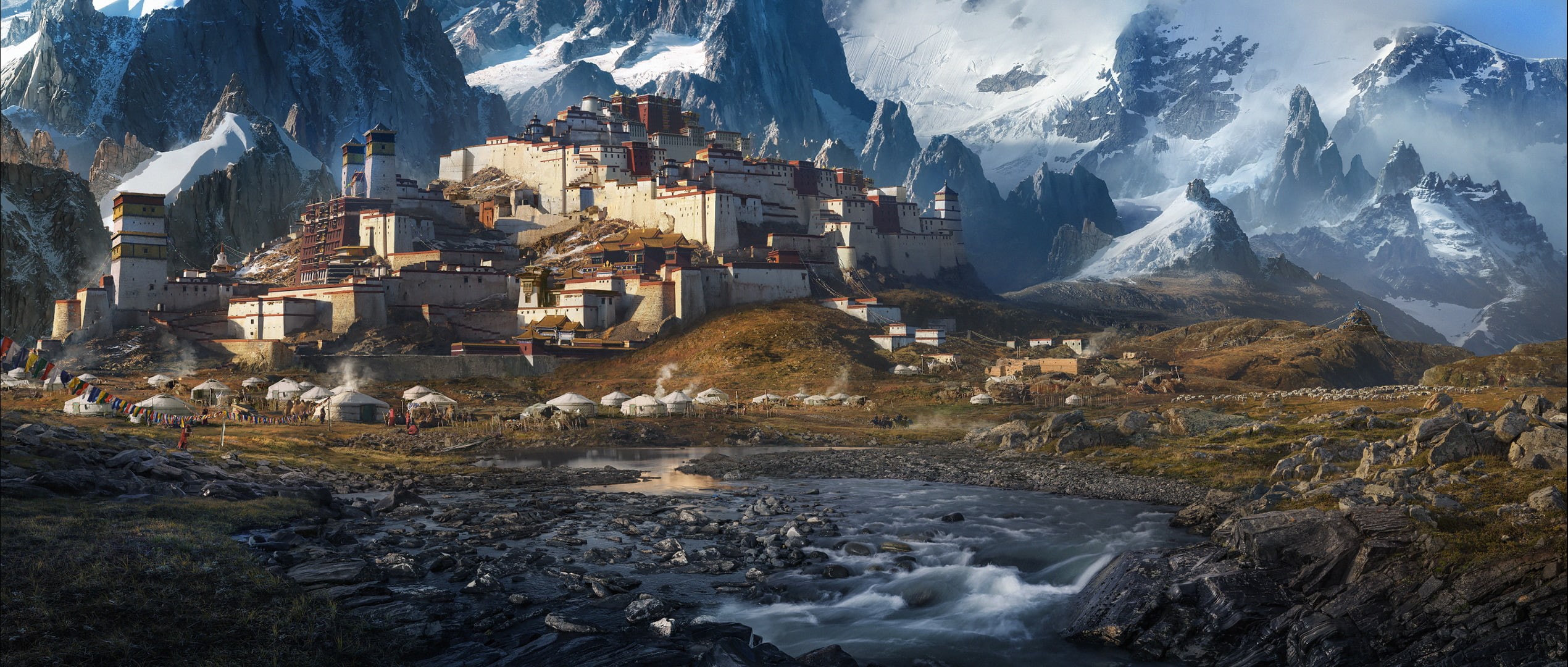Fortress, creeks, ultrawide, mountains, Tibet, Tent, 1080P, landscape, HD Wallpaper