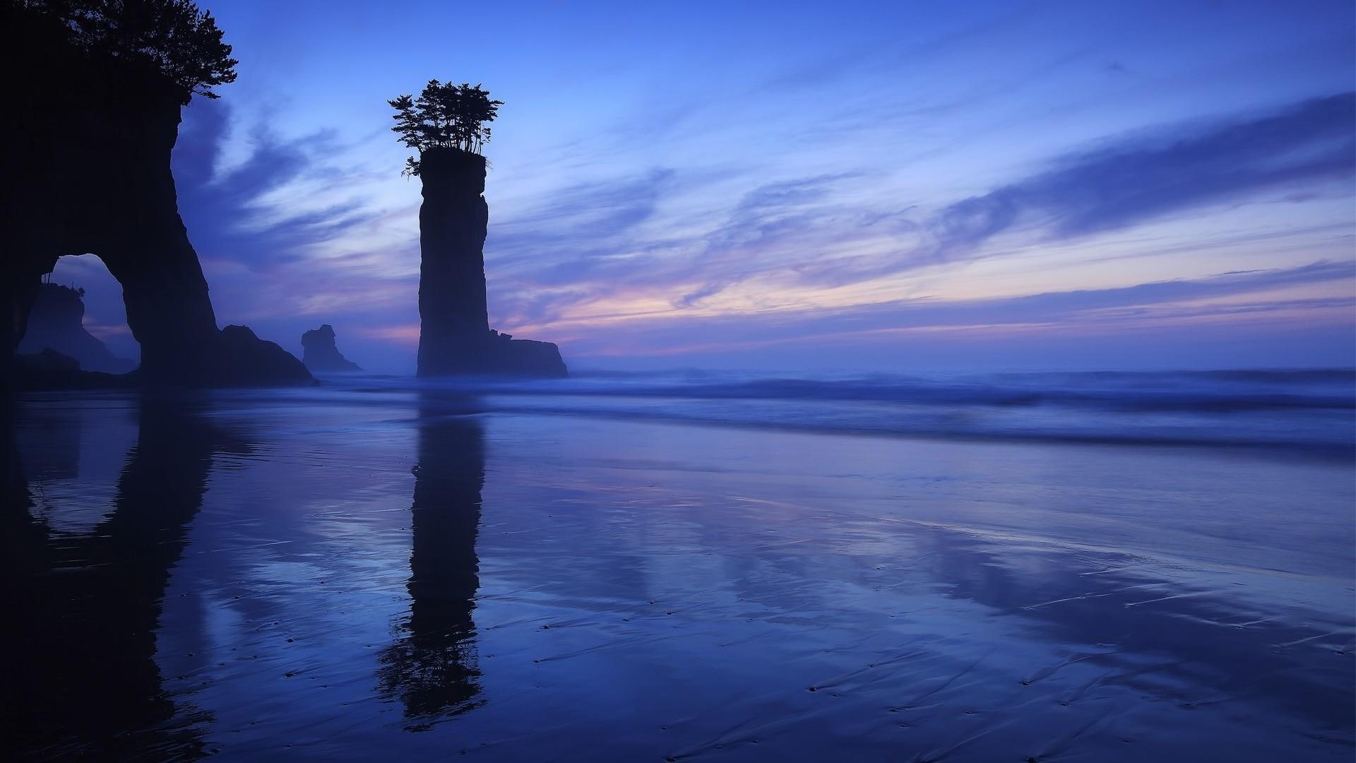 fukushima, rock, reflection, horizon, ocean, island, blue water, 1080P, japan, lonely cliff, waves, dusk, shore, calm, water, sea, tomioka, sky, HD Wallpaper