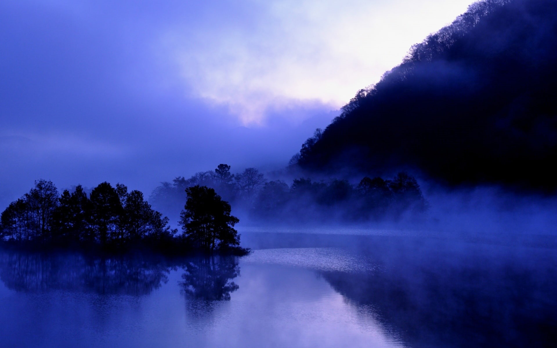 Japan, Water, Fukushima, Trees, 1080P, Akimoto, Reflection, Mist, Lake, Blue, Evening, HD Wallpaper