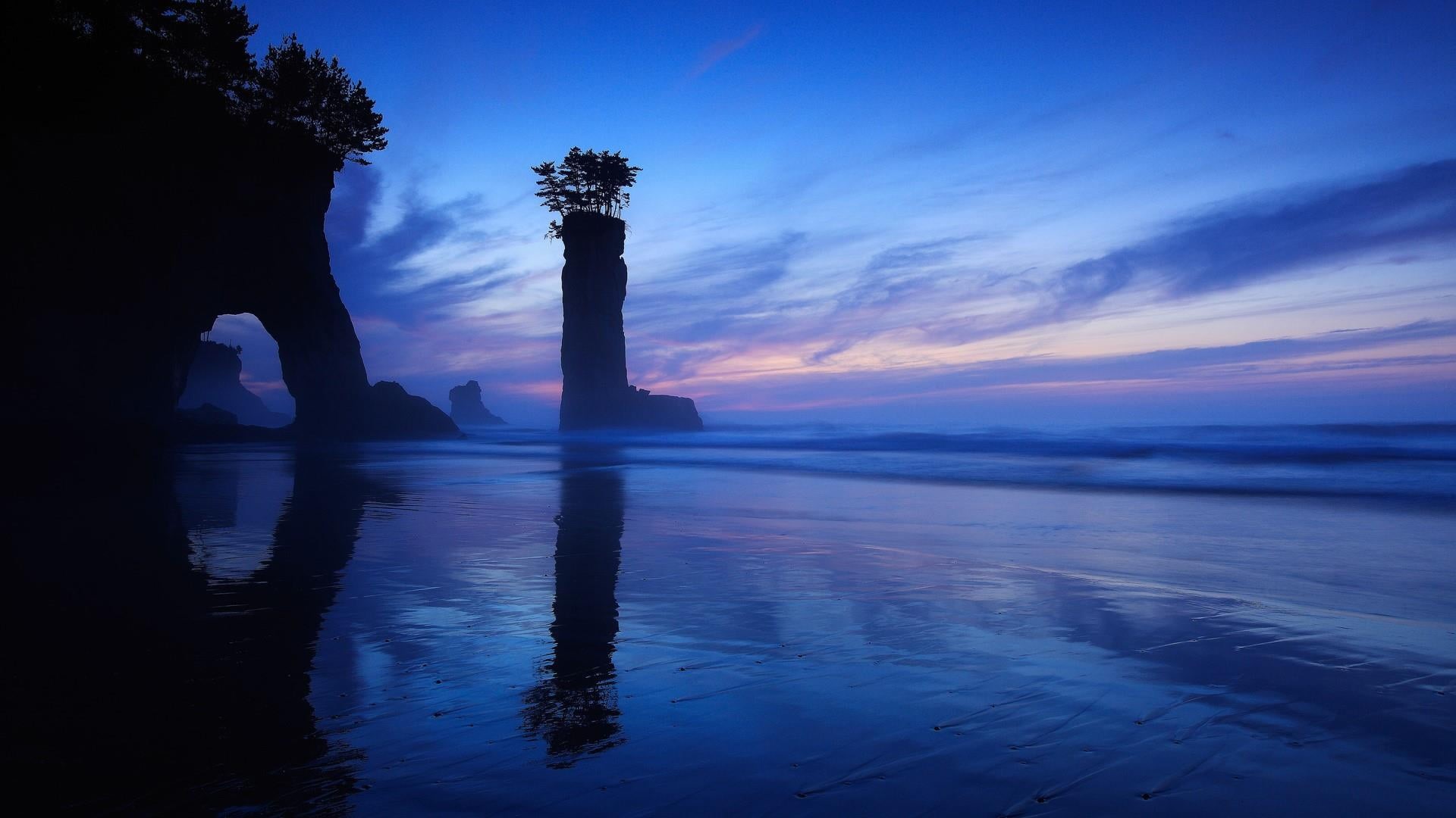waterfront, scenics - nature, horizon, architecture, reflection, architectural column, beauty in nature, 1080P, sky, ocean, dusk, tomioka, silhouette, HD Wallpaper