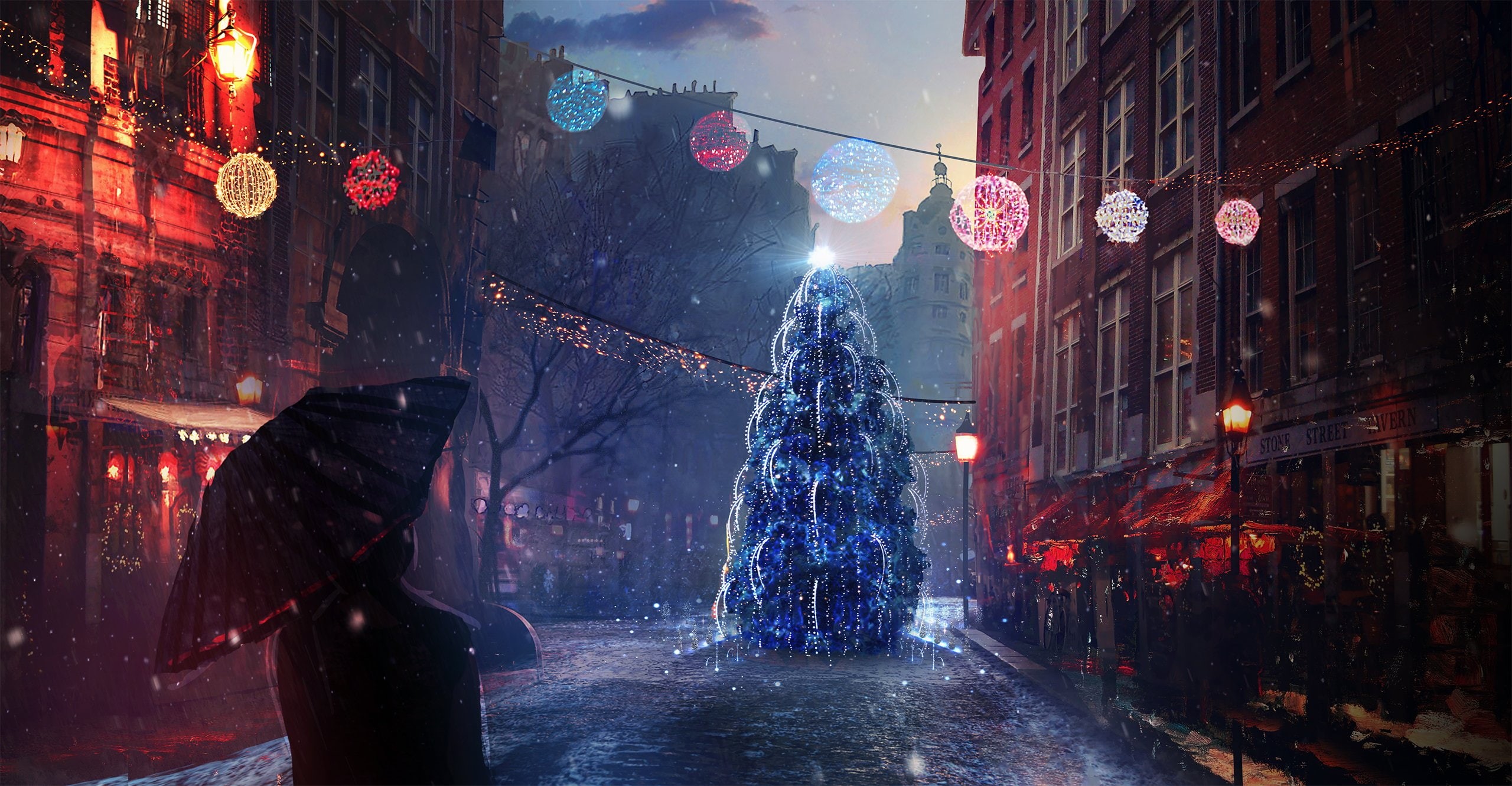 Year, holiday, Lights, mood, Alone, Evening, New, colors, 2K, christmas, girl, man, street, tree, snow, winter, walk, umbrella, art, bokeh, HD Wallpaper