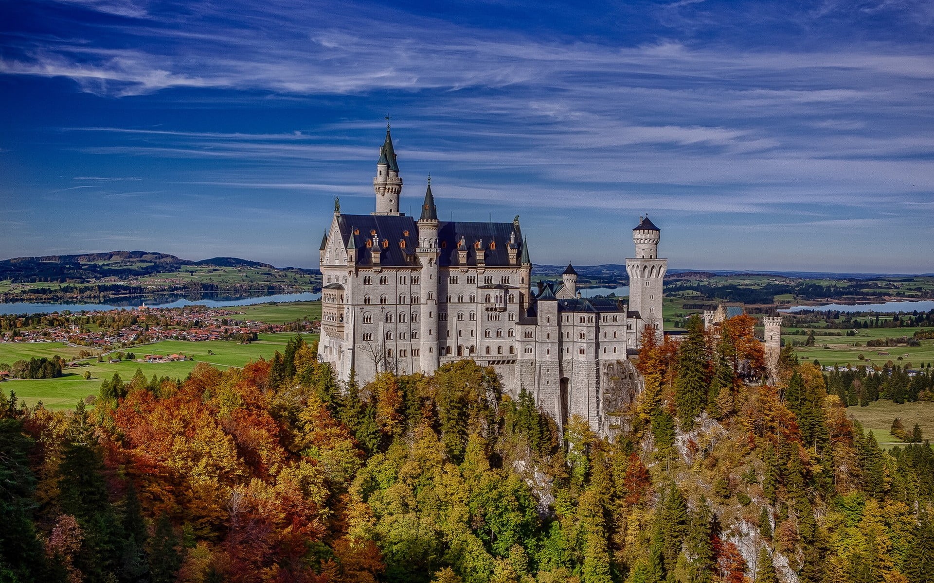 sky, built structure, the past, tower, plant, autumn, building, gray, city, Schloss Neuschwanstein, travel, building exterior, no people, growth, tree, HD Wallpaper