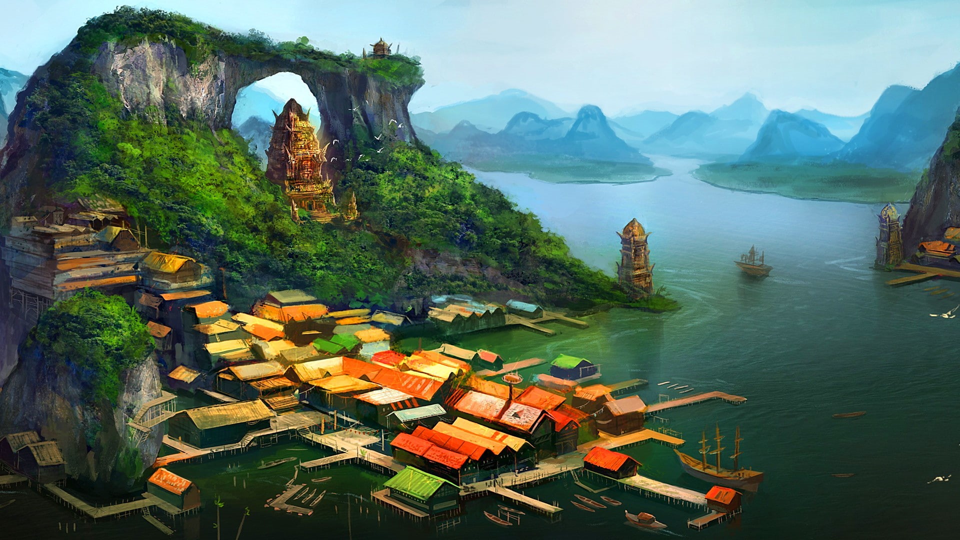 painting, hd, houses, ocean, buildings, temple, drawing, digital/artwork, hill, near, 1080P, floating, HD Wallpaper