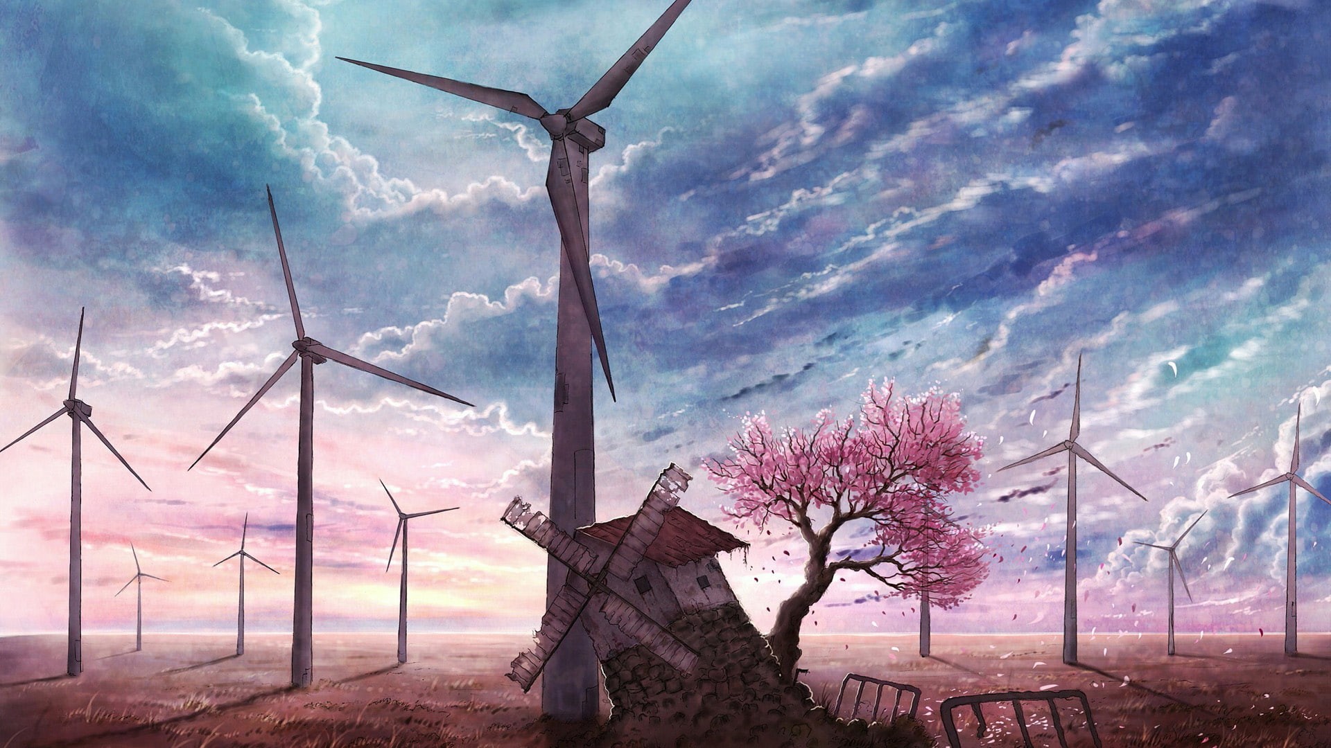 digital/artwork, tree, 1080P, drawing, hd, windmill, HD Wallpaper