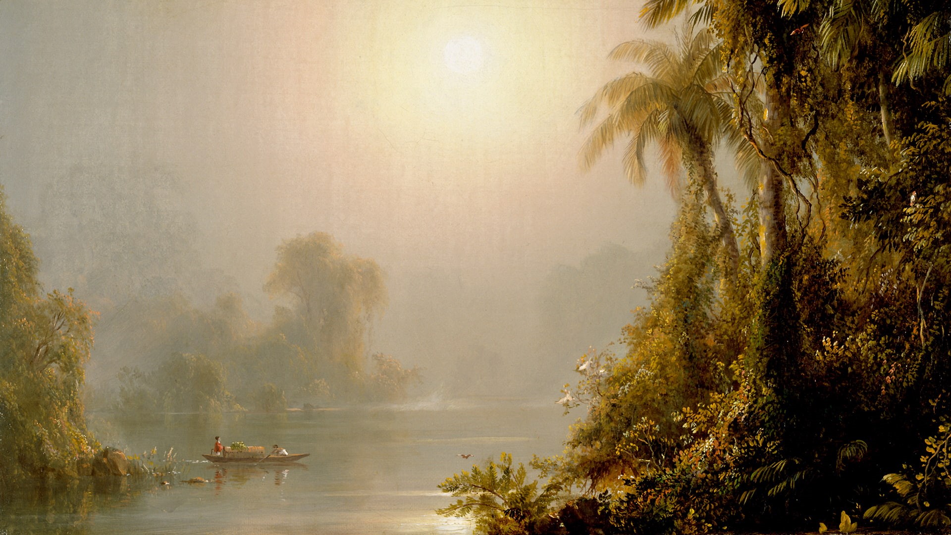 lake, 1080P, hd, digital/artwork, boat, drawing, trees, painting, palm, HD Wallpaper