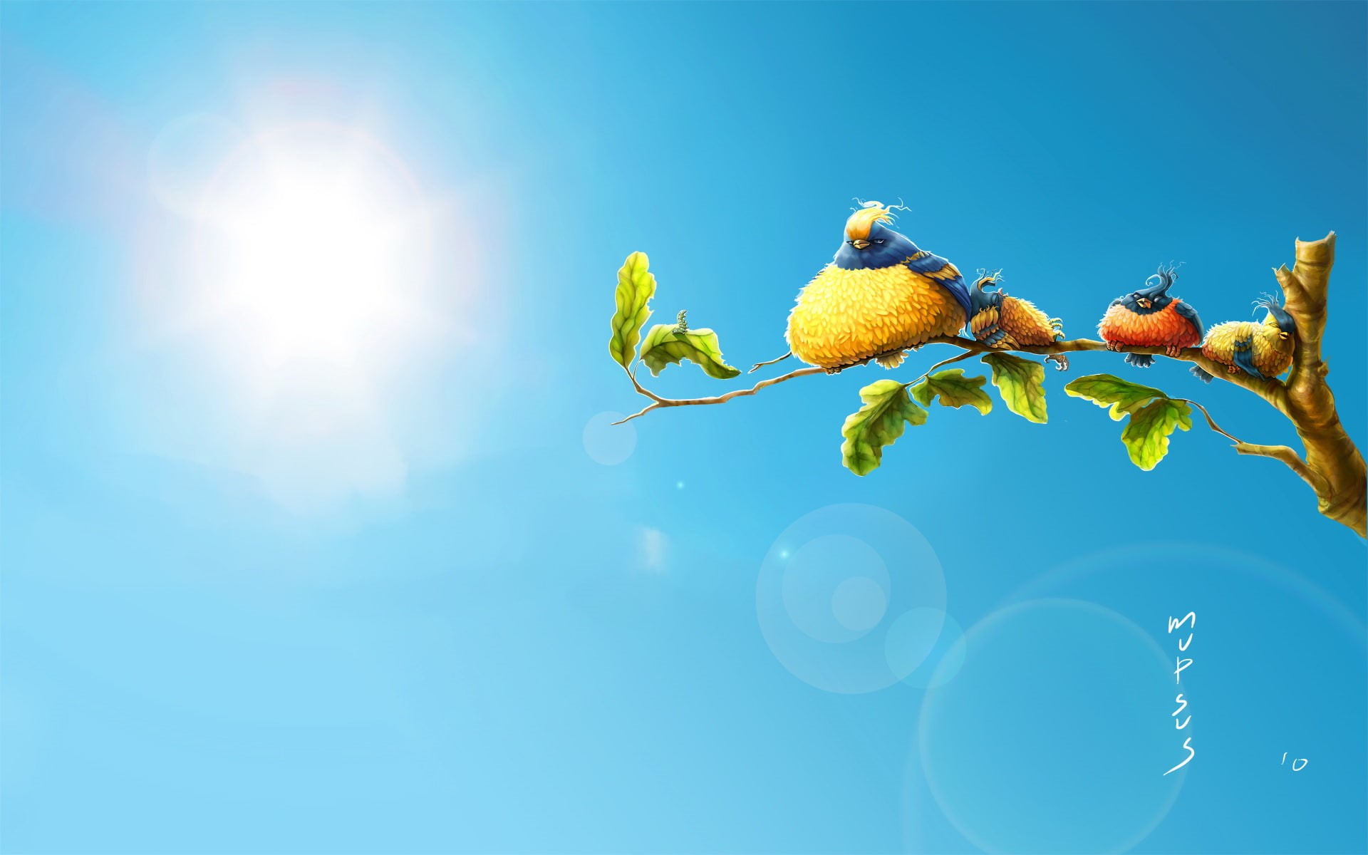 branch, birds, tree, four, digital/artwork, drawing, blue, 1080P, photo, hd, sunlight, HD Wallpaper