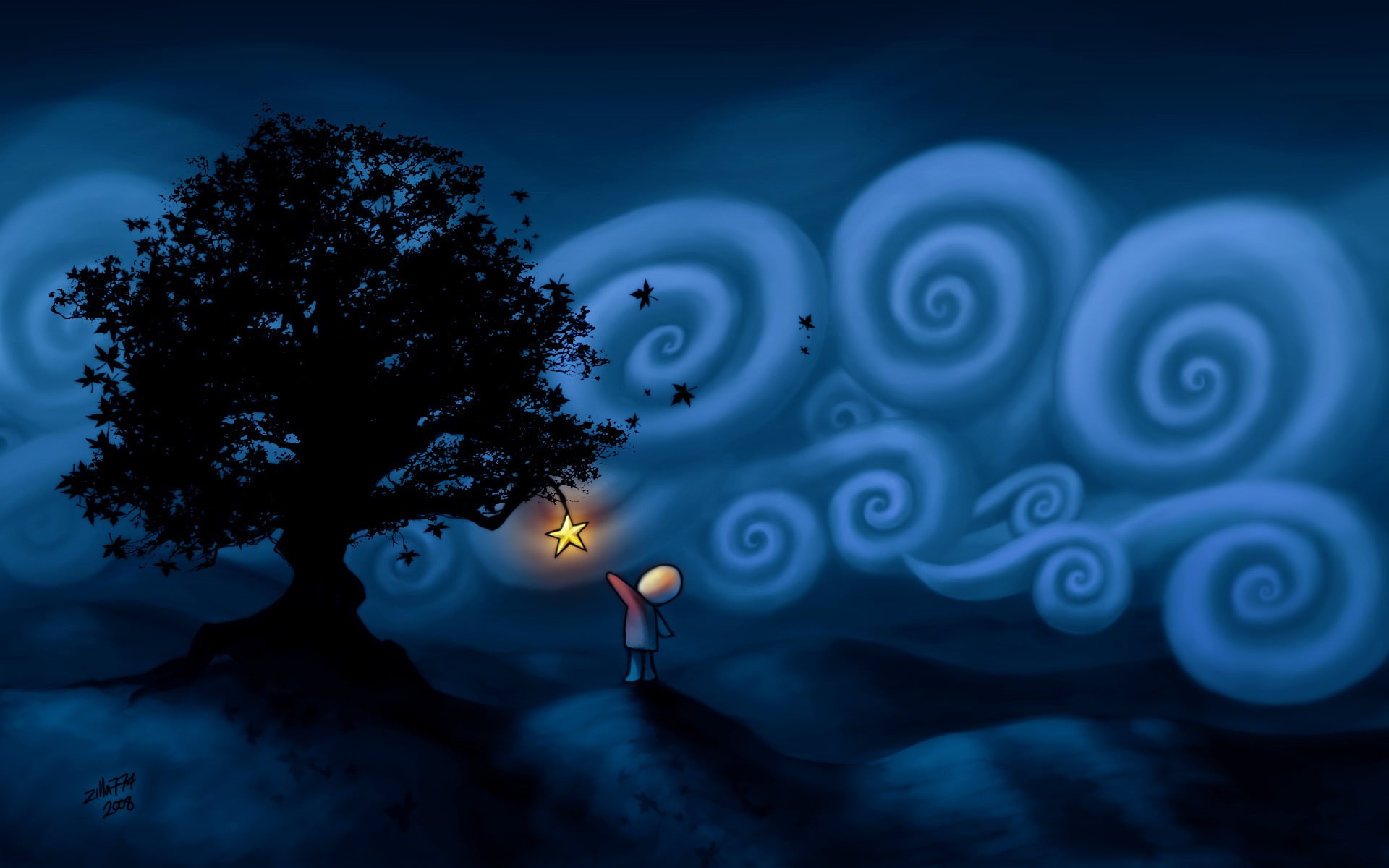 drawing, hd, tree, star, 1080P, digital/artwork, HD Wallpaper