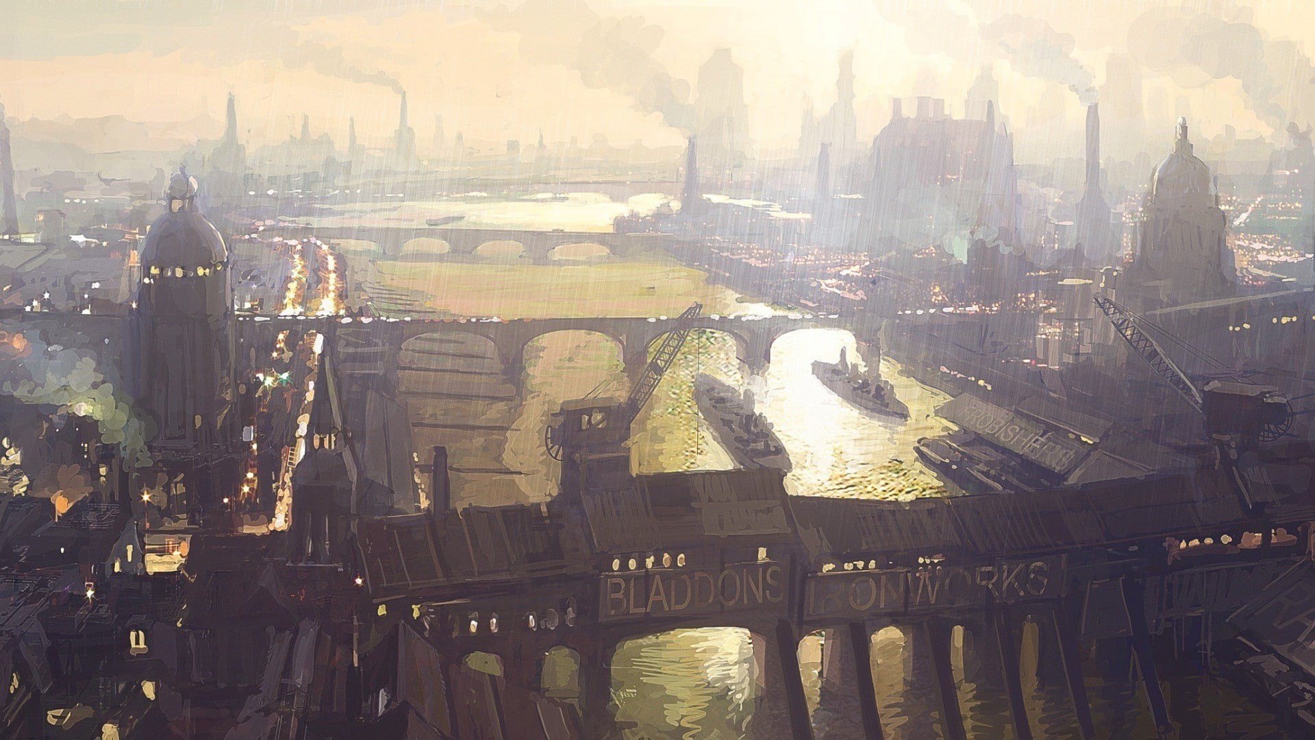 city, drawing, hd, smog, pollution, 1080P, digital/artwork, bridge, illustration, HD Wallpaper