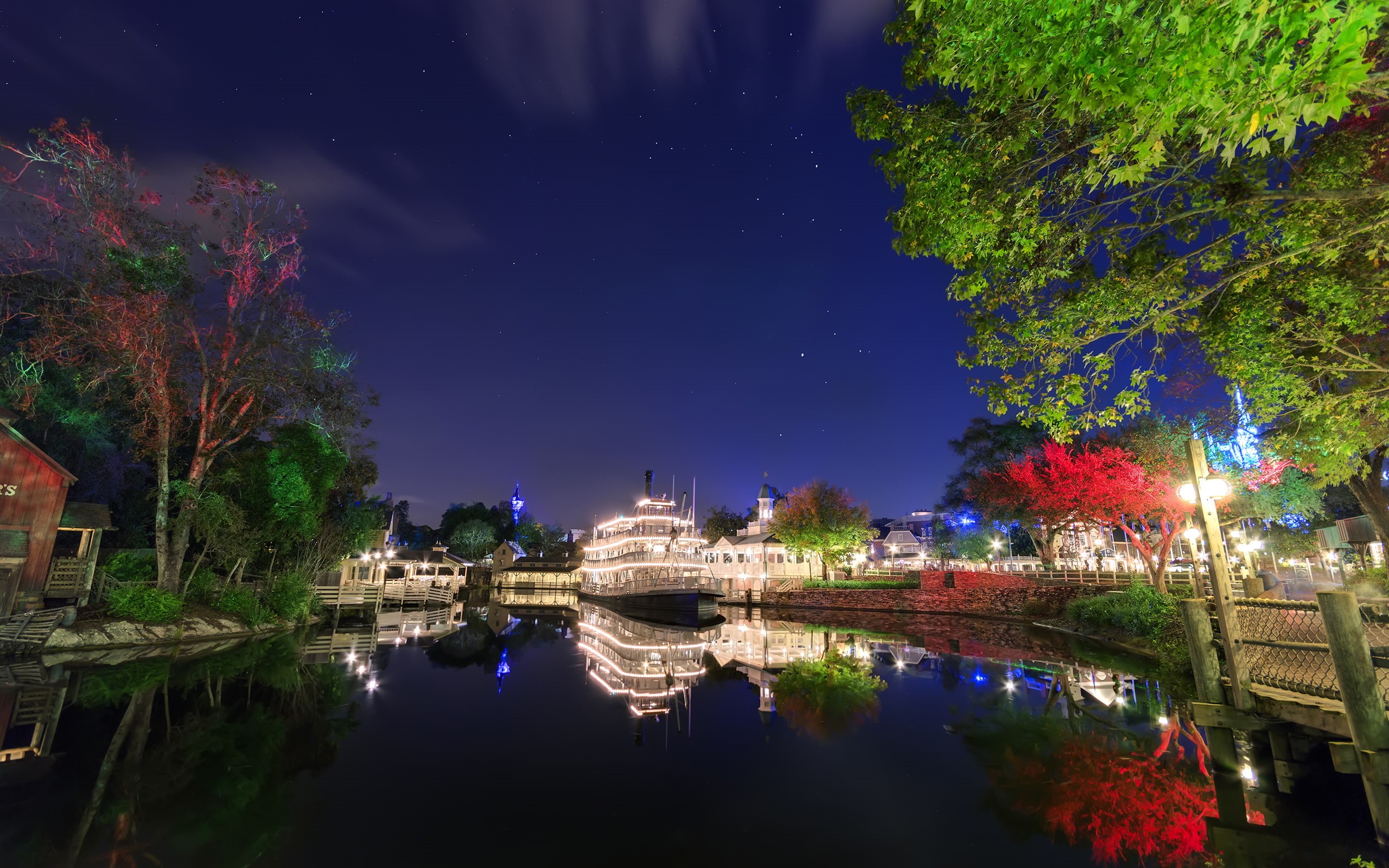 lights, stars, disneyland, disney, lake, hd, 2K, trees, nature, reflection, boat, night, HD Wallpaper