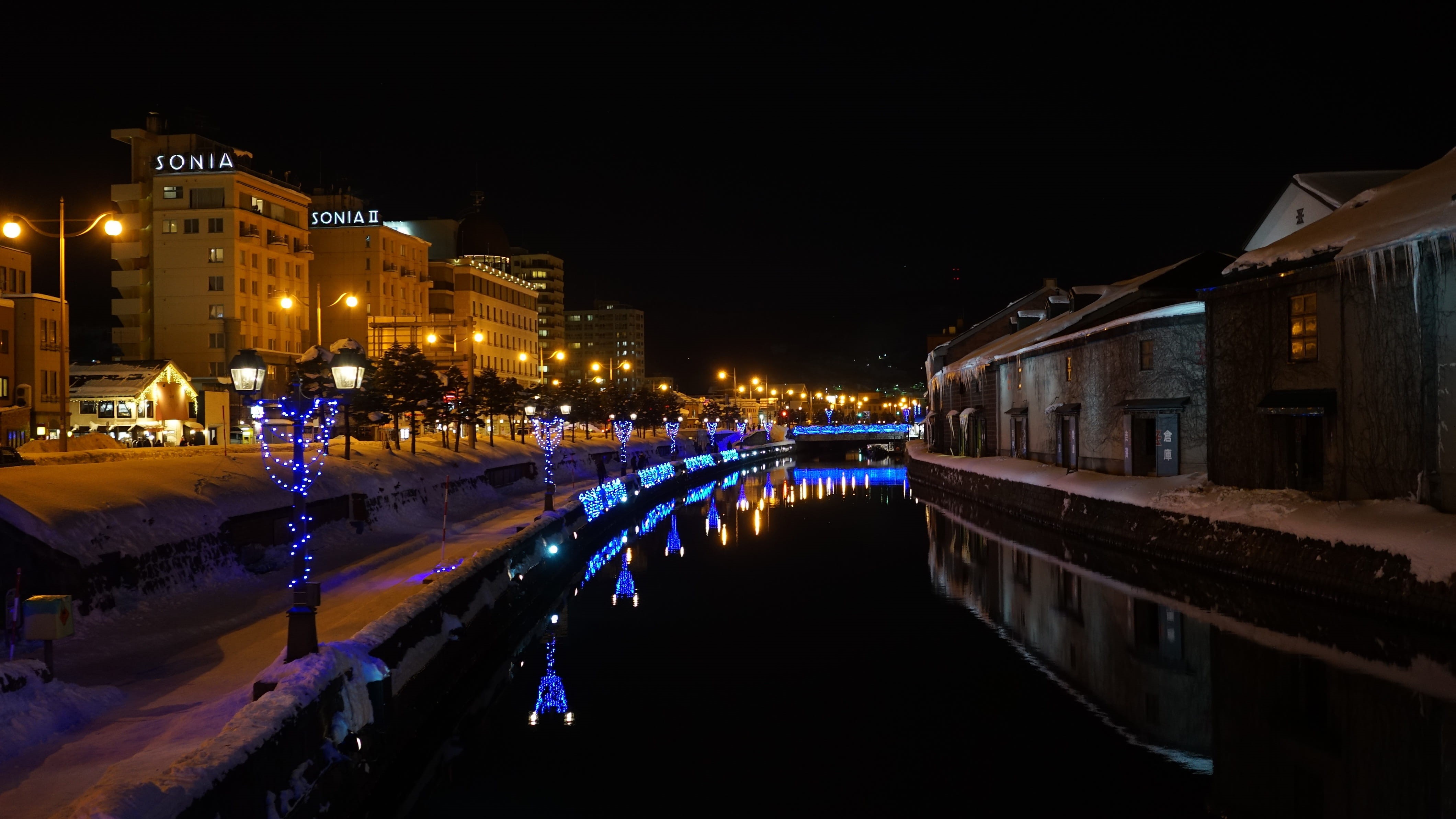 snow, winter, city, cold temperature, architecture, street light, illuminated, Japan, night, transportation, otaru canal, water, tourist destination, in a row, HD Wallpaper