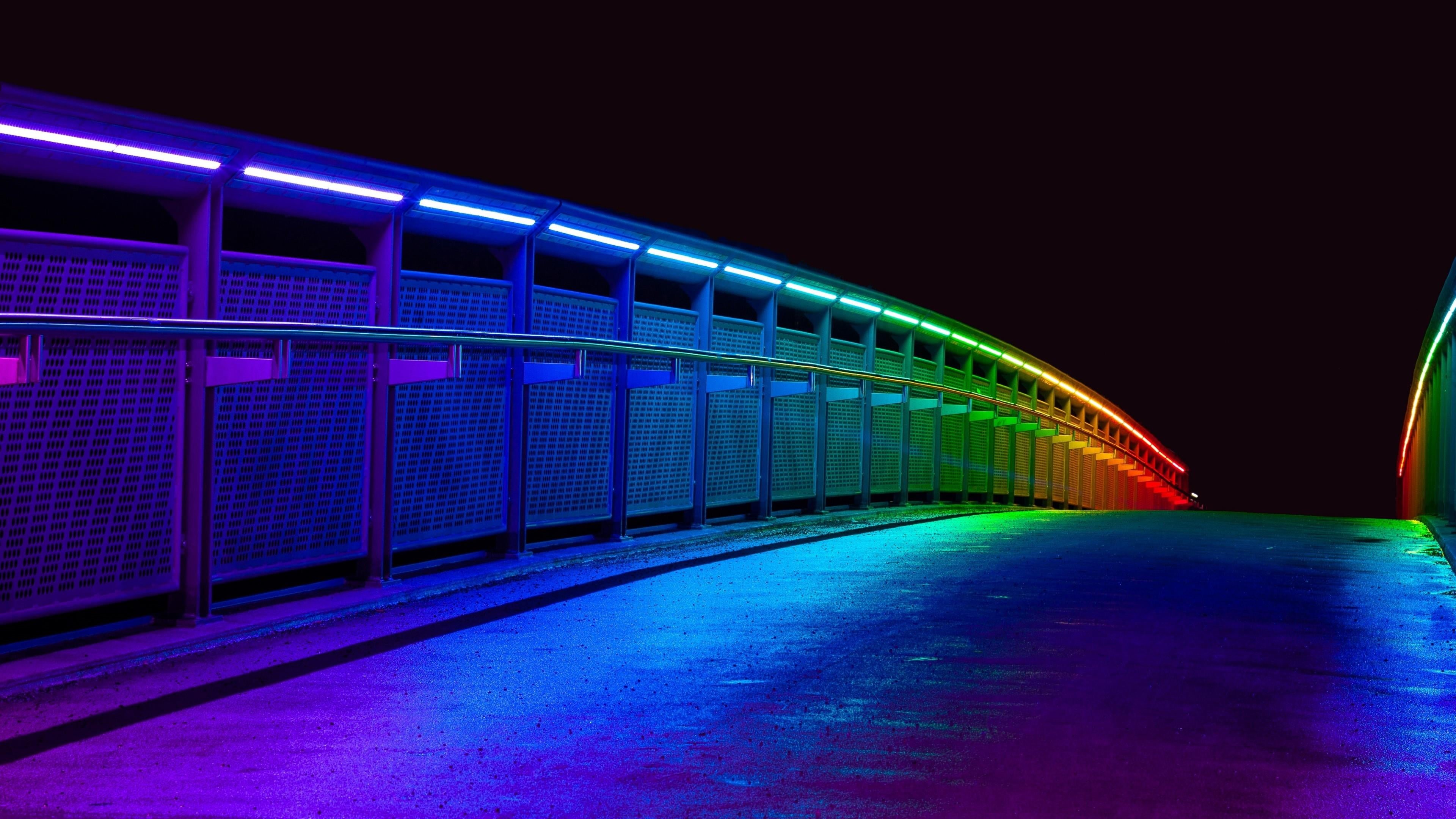 bridge, night, neon, light, lighting equipment, building exterior, transportation, lighting, blue, connection, architecture, motion, illuminated, multi colored, HD Wallpaper