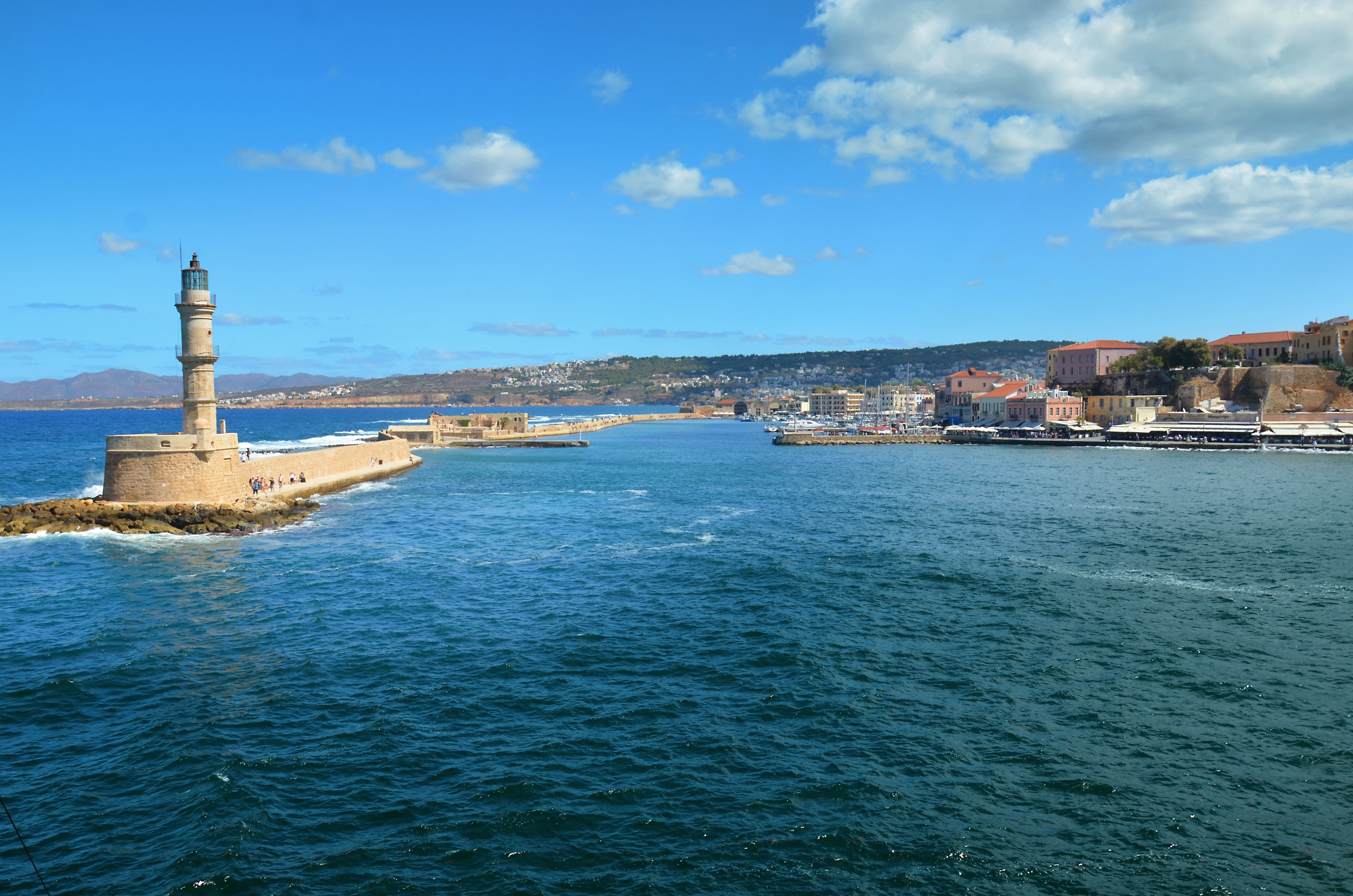 waterfront, architecture, no people, building, tower, sea, old, blue, building exterior, greece, built structure, travel destinations, day, chania, cityscape, HD Wallpaper