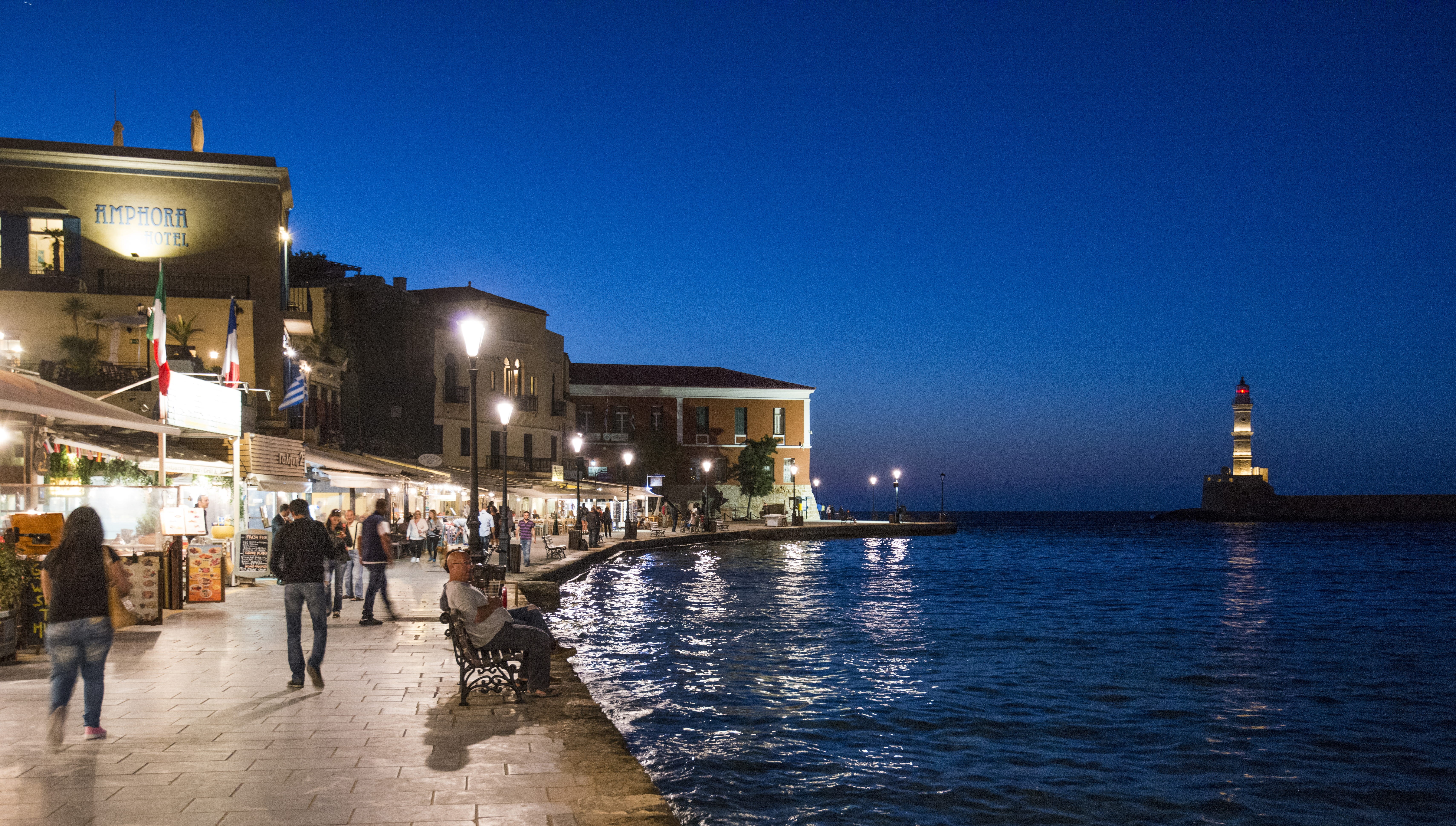 architecture, dusk, nightlife, sea, chania, lighthouse, group of people, sky, building, venetian, city, greece, harbor, travel, water, crete, tourism, 5K, HD Wallpaper