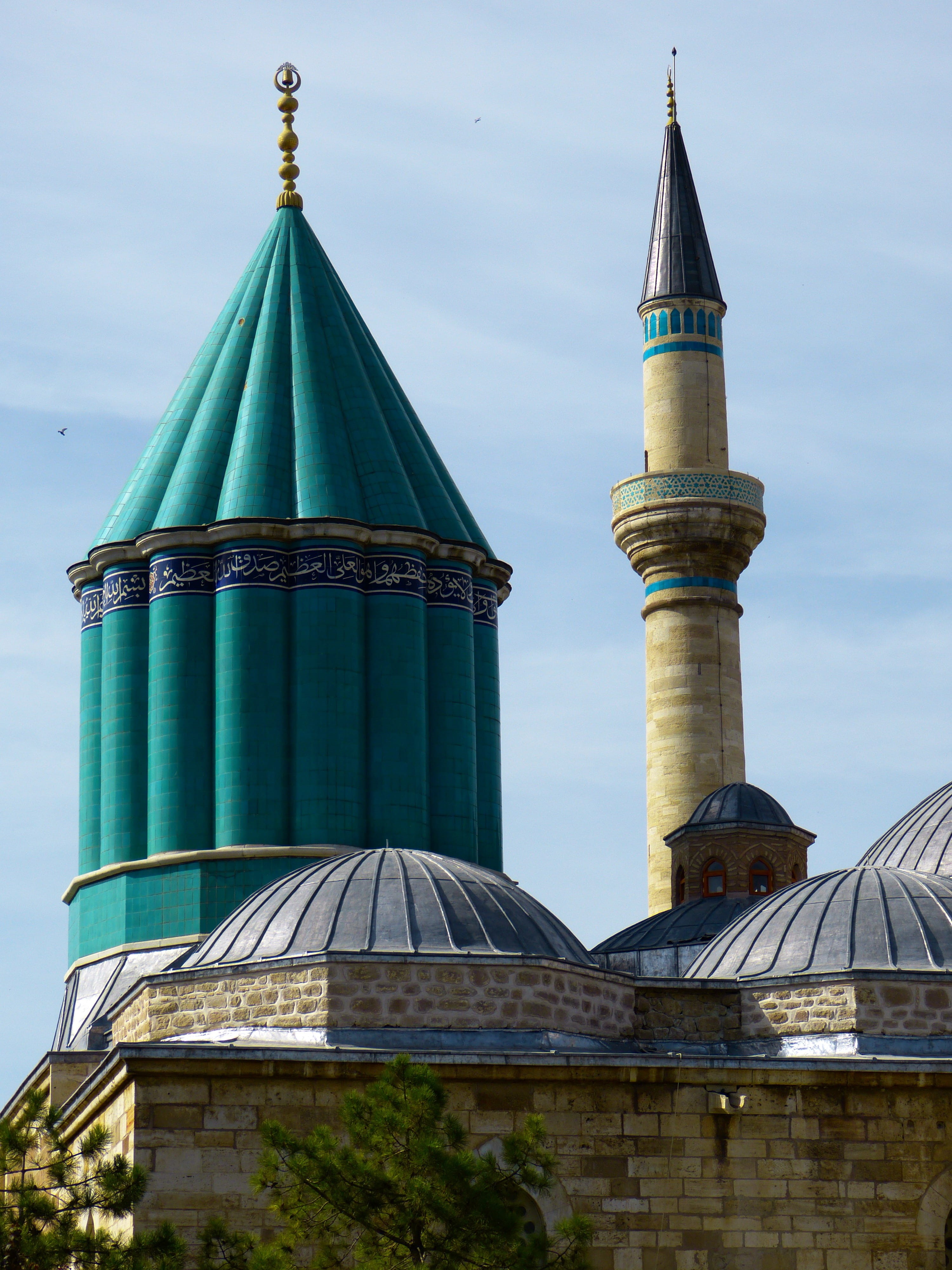 Monastery, built structure, day, minaret, building exterior, religion, no people, sky, spire, building, spirituality, 4K, turquoise colored, mevlana monastery, Phone HD Wallpaper