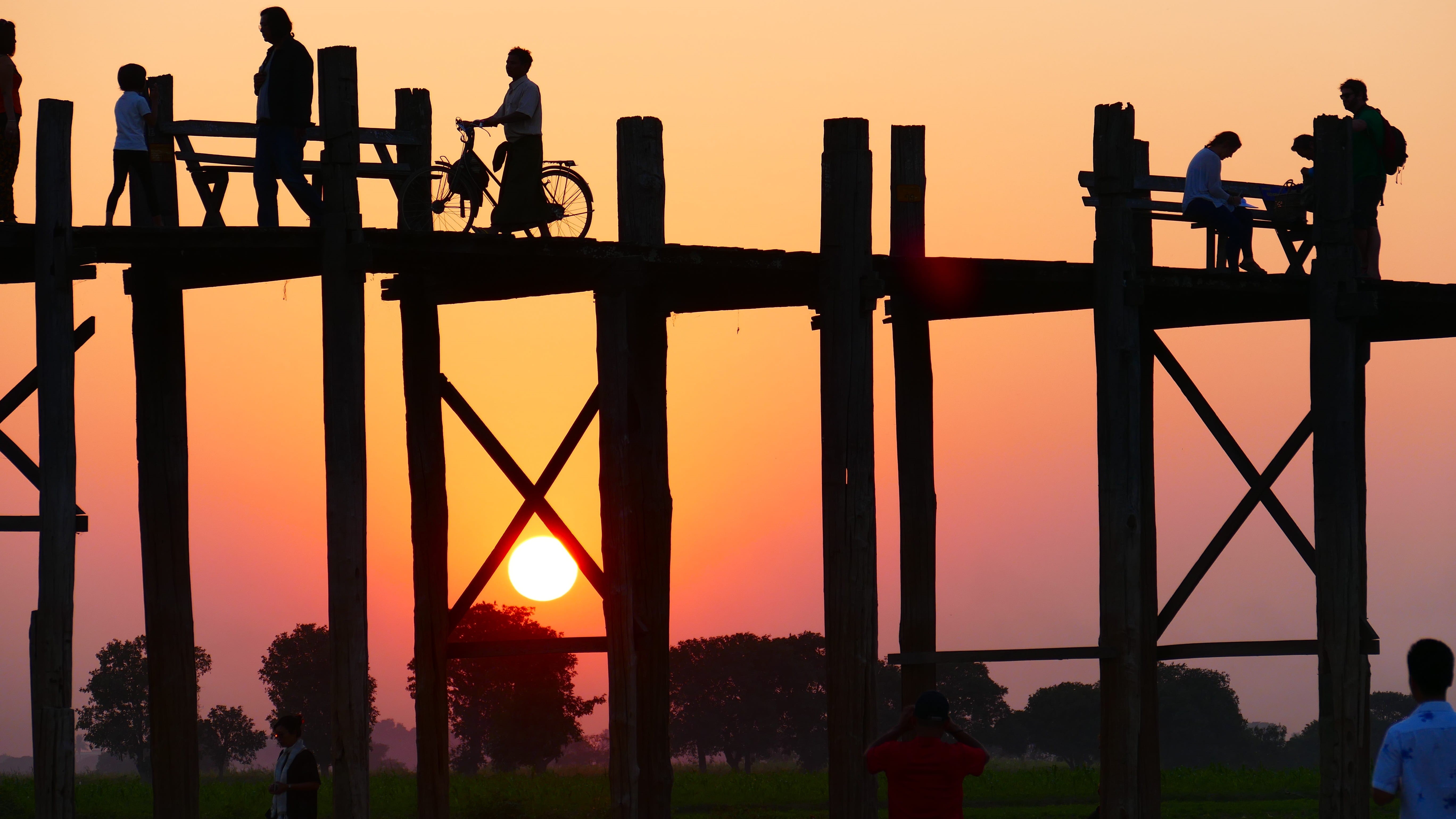 u leg bridge, back light, roma table, nature, sky, human, men, orange color, real people, technology, mood, personal, standing, built structure, teak bridge, HD Wallpaper