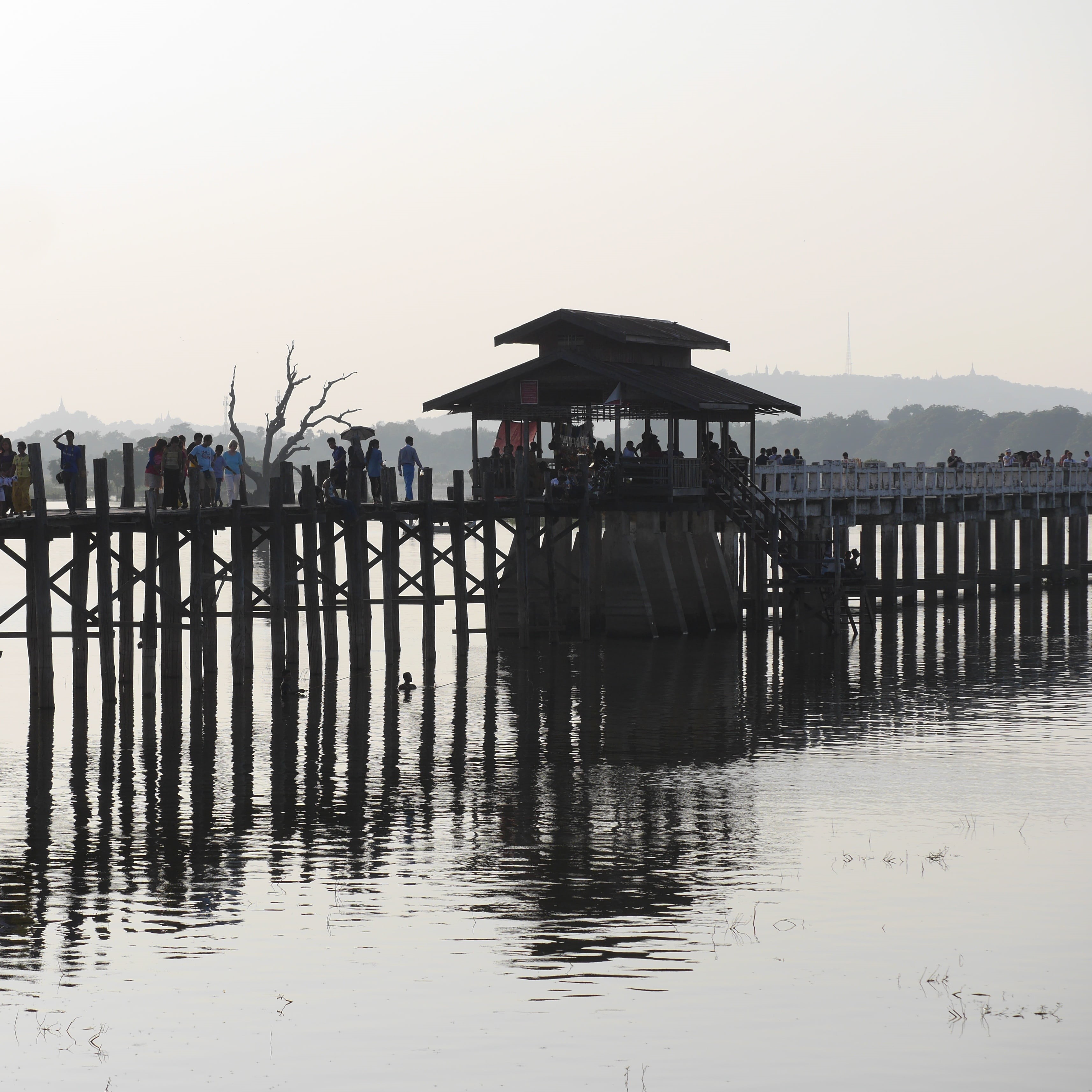 wooden post, tranquil scene, stilt, abendstimmung, waterfront, no people, reflection, day, beauty in nature, pier, gazebo, sky, building exterior, myanmar, Phone HD Wallpaper