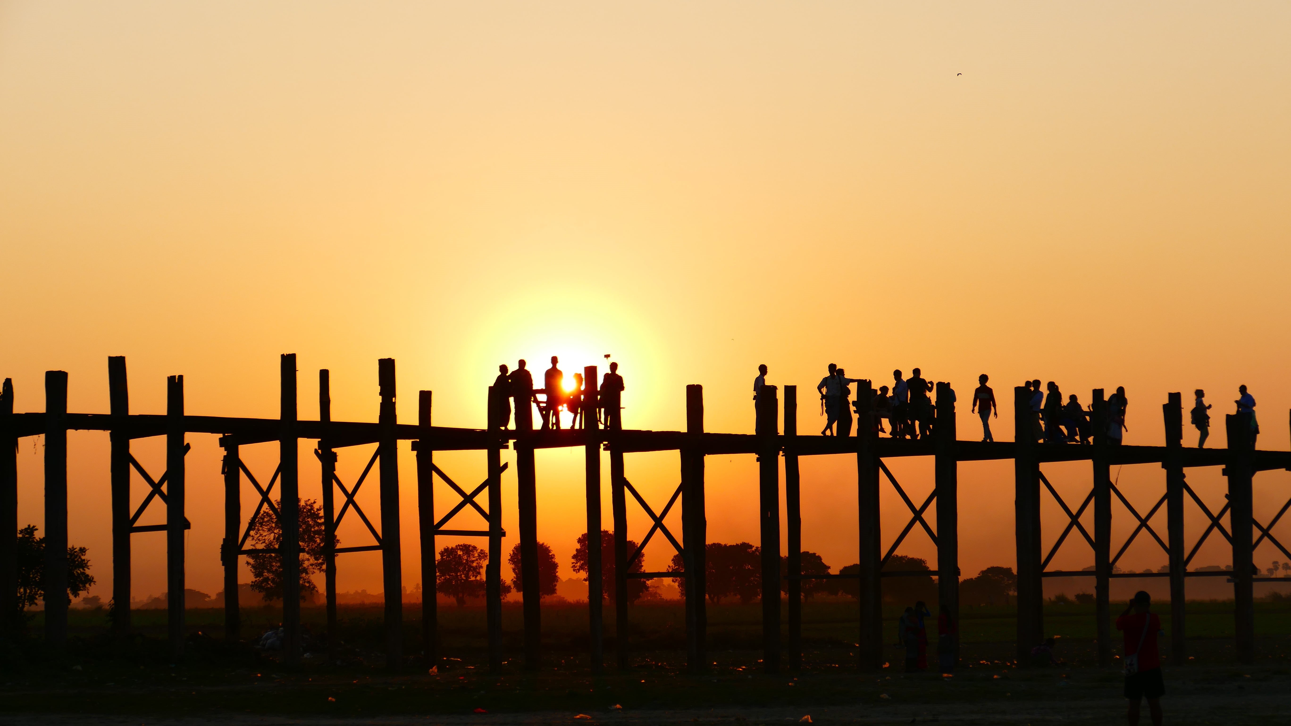 teak bridge, nature, old, 5K, standing, burma, dock, real people, back light, bridge, travel destinations, built structure, group of people, sun, architecture, HD Wallpaper