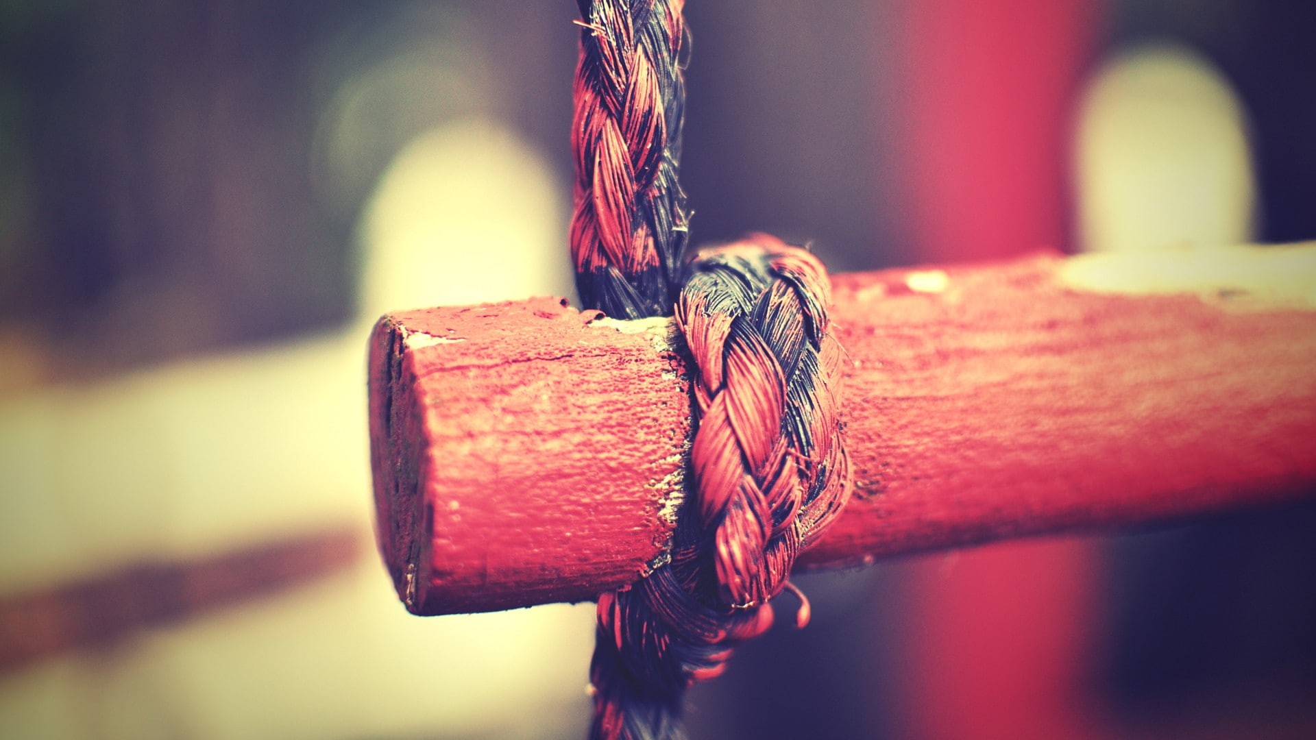 tied knot, 1080P, outdoors, red, thread, rope, ropes, close-up, nature, safety, tied up, equipment, strength, selective focus, wood - material, connection, HD Wallpaper