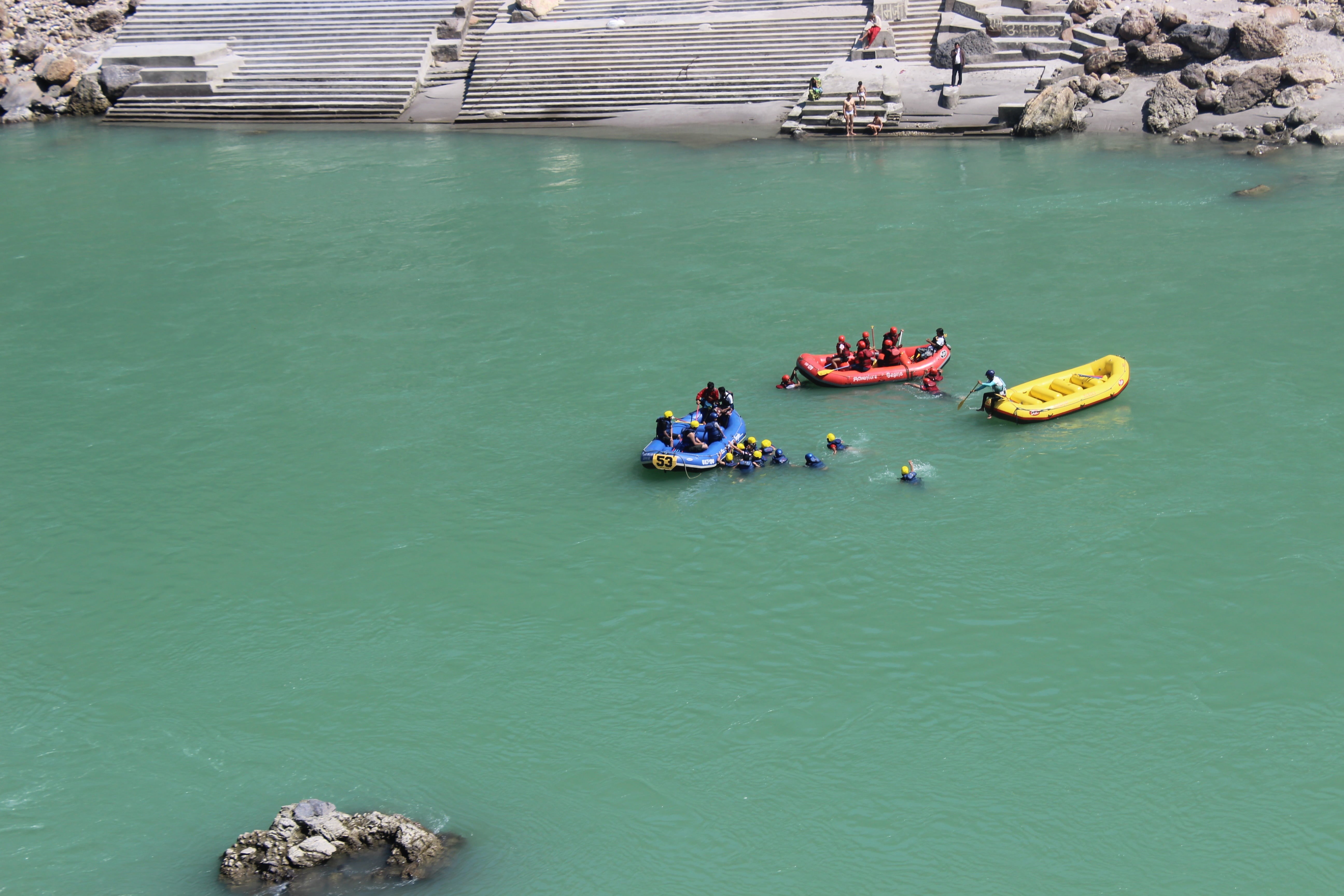 high angle view, transportation, raft, rafting, water, travel, rishikesh, men, nautical vessel, outdoors, tourism, waterfront, sport, 5K, boat, people, HD Wallpaper