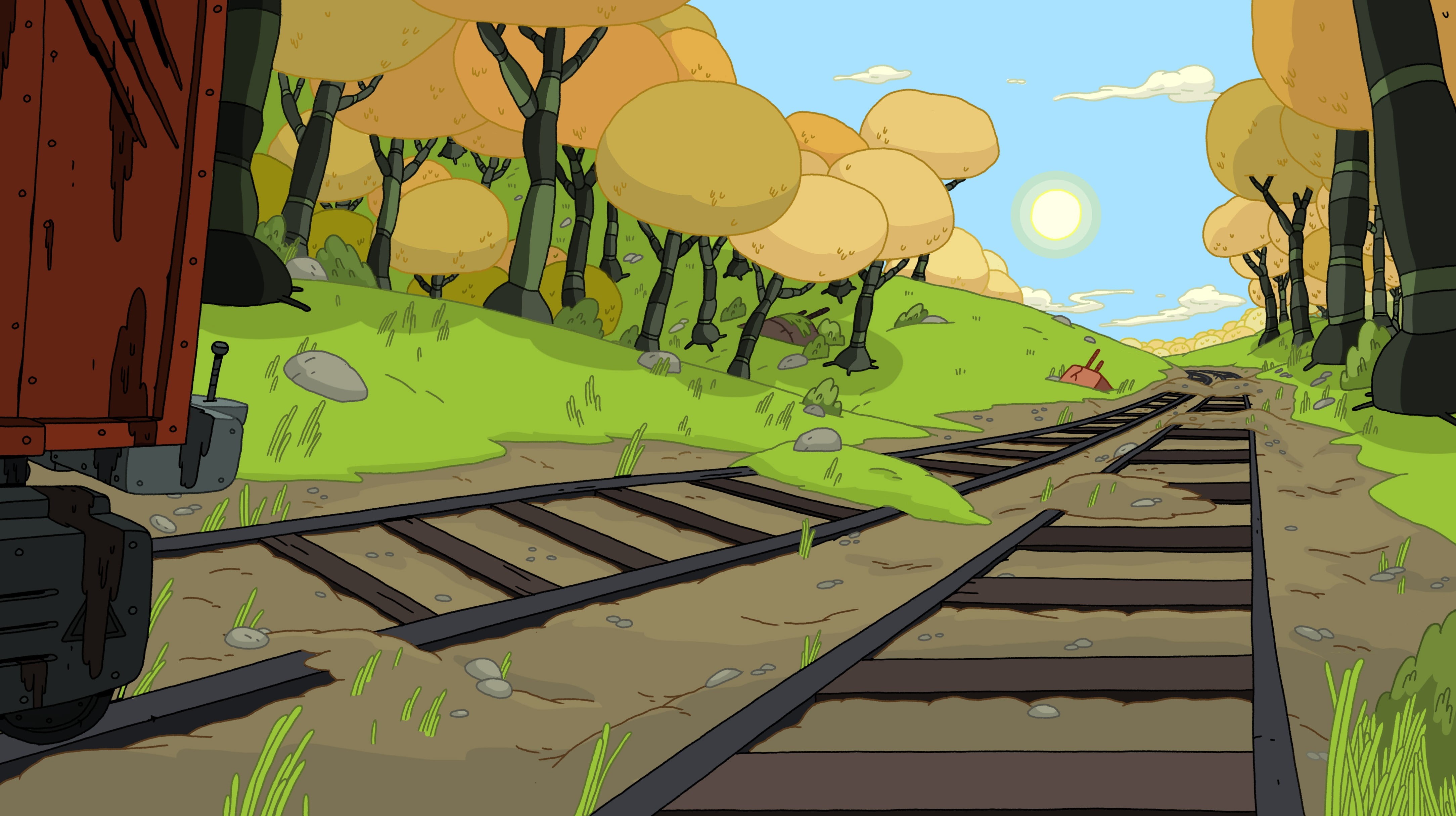 low angle view, plant, wall, train, building exterior, green color, creativity, sunlight, built structure, brown, illustration, Adventure Time, nature, HD Wallpaper