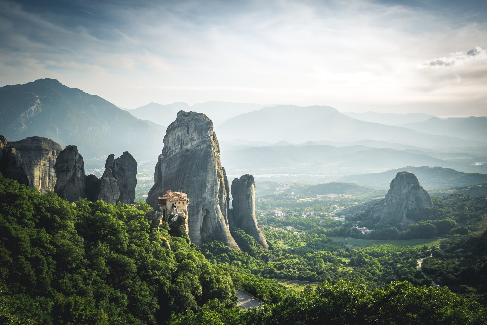 idyllic, mist, mountains, Meteora, land, house, sky, environment, formation, scenics - nature, nature, beauty in nature, outdoors, green, no people, mountain range, HD Wallpaper