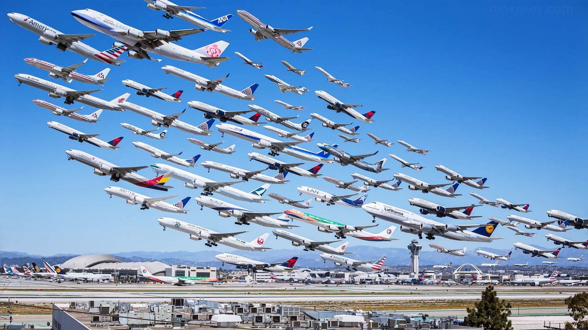 Los Angeles, people, airplane, building exterior, transportation, flying, 1080P, crowd, celebration, airport, clear sky, color, aircraft, event, outdoors, HD Wallpaper