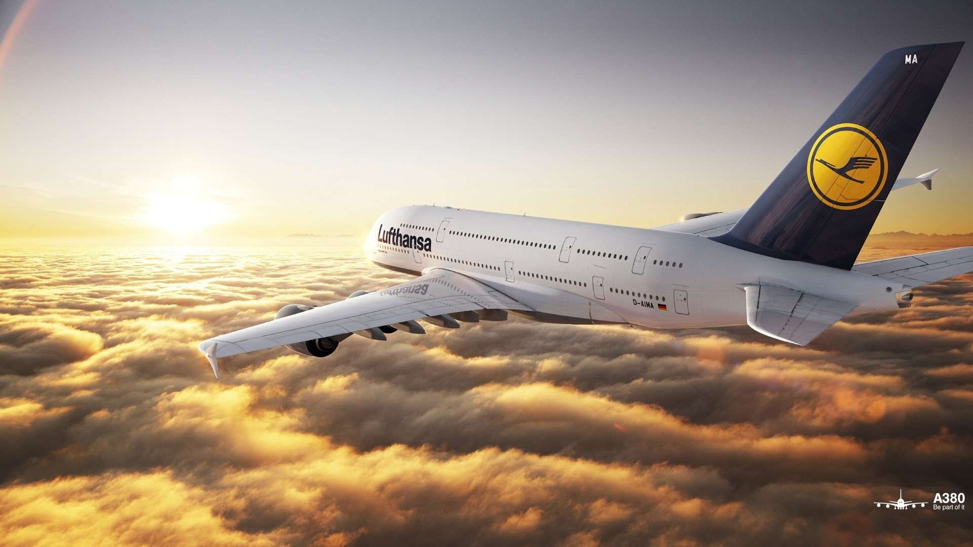 passenger, airbus, hd, plane, white, sunset, lofttansa, lufthansa, 1080P, a380, HD Wallpaper