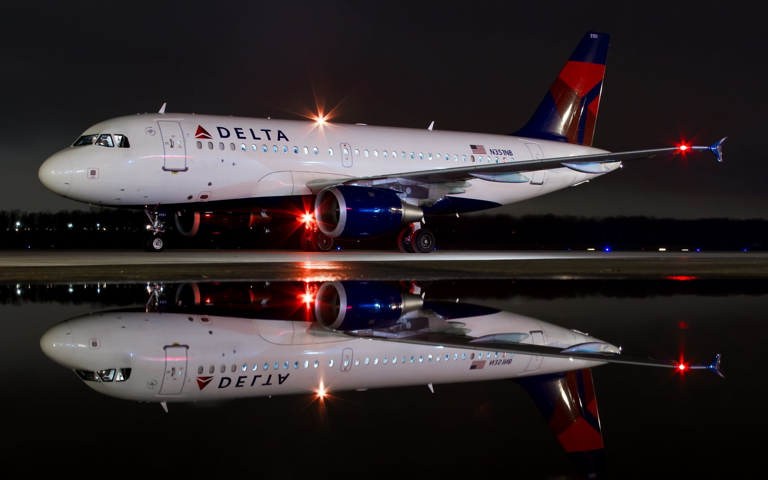 delta, travel, airplane, airport, white, night, airport runway, air vehicle, technology, passenger aircraft, flying, plane, motion, mode of transportation, HD Wallpaper