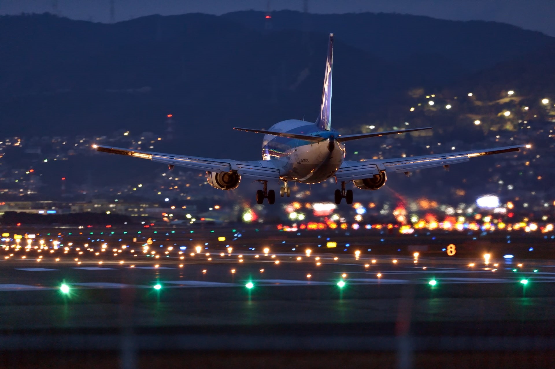 landing, Airbus, airport, lights, 1080P, the plane, night, HD Wallpaper