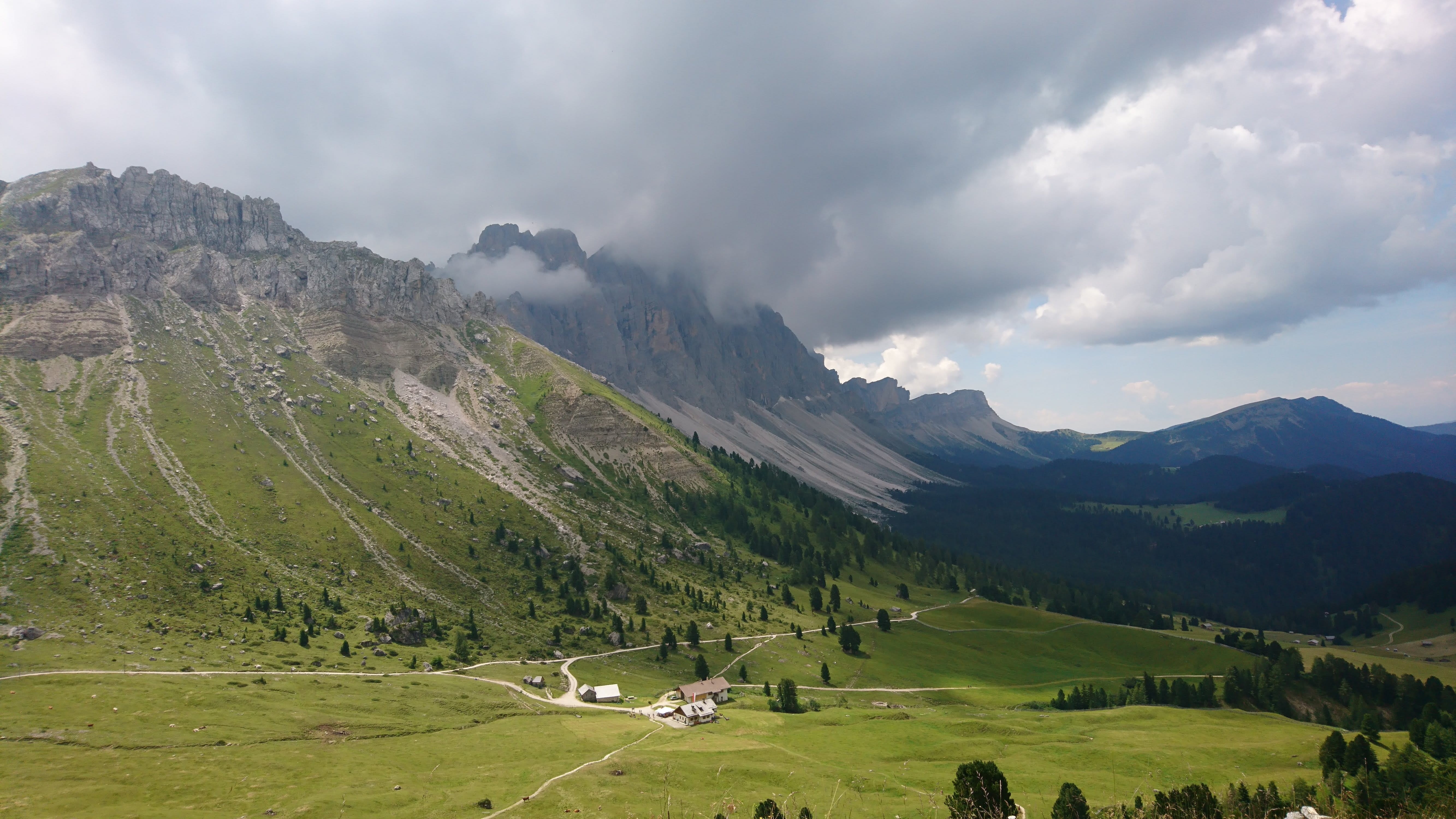 mountain range, plant, landscape, alpine, panorama, non-urban scene, hiking, idyllic, beauty in nature, alm, italy, nature, cloud - sky, funes, grass, 5K, HD Wallpaper