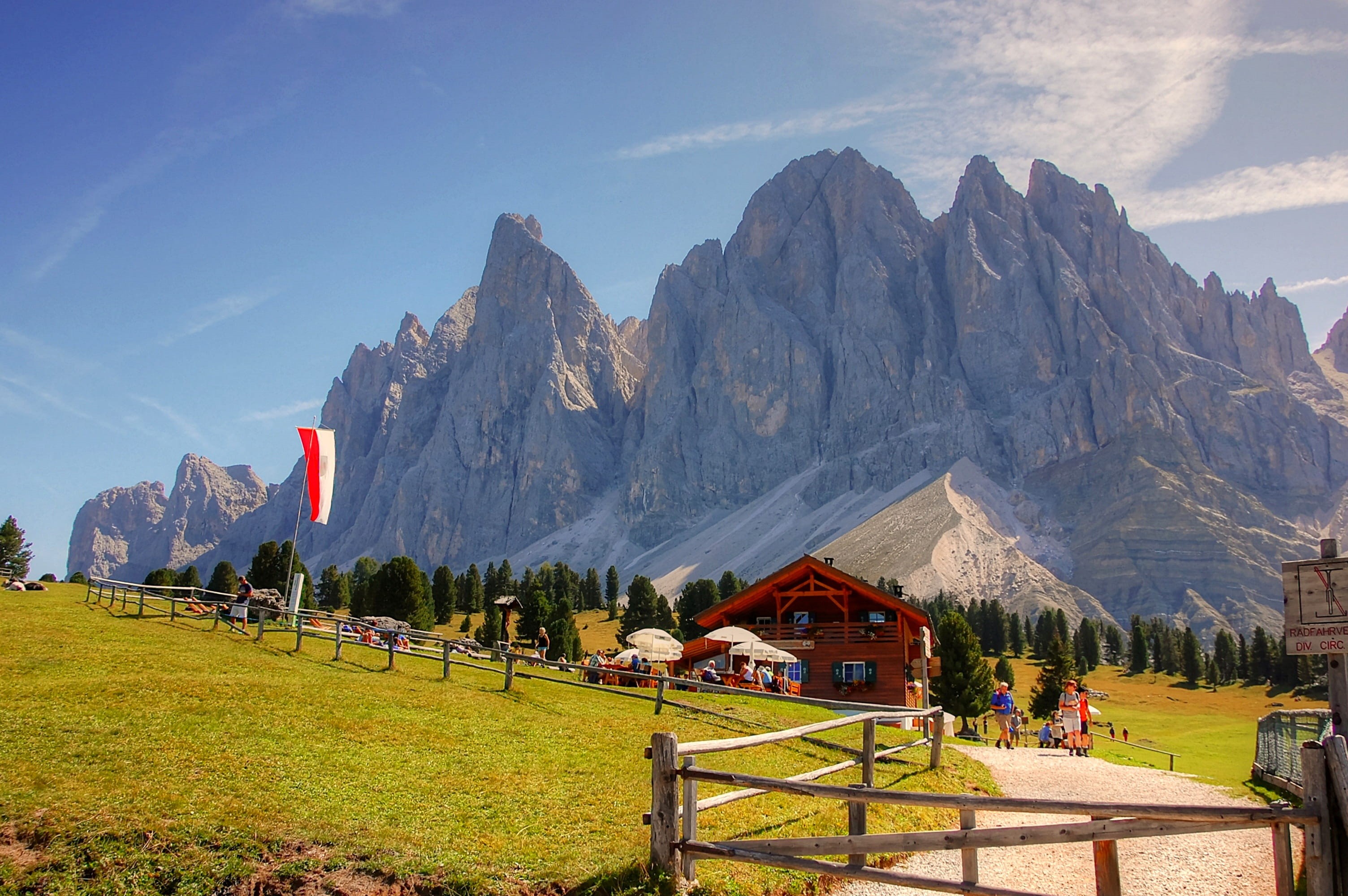 tourism, outdoors, walk, alm, mountain, summer, scenics - nature, day, land, dolomites, more, south tyrol, environment, forest, plant, funes, clouds, built structure, HD Wallpaper